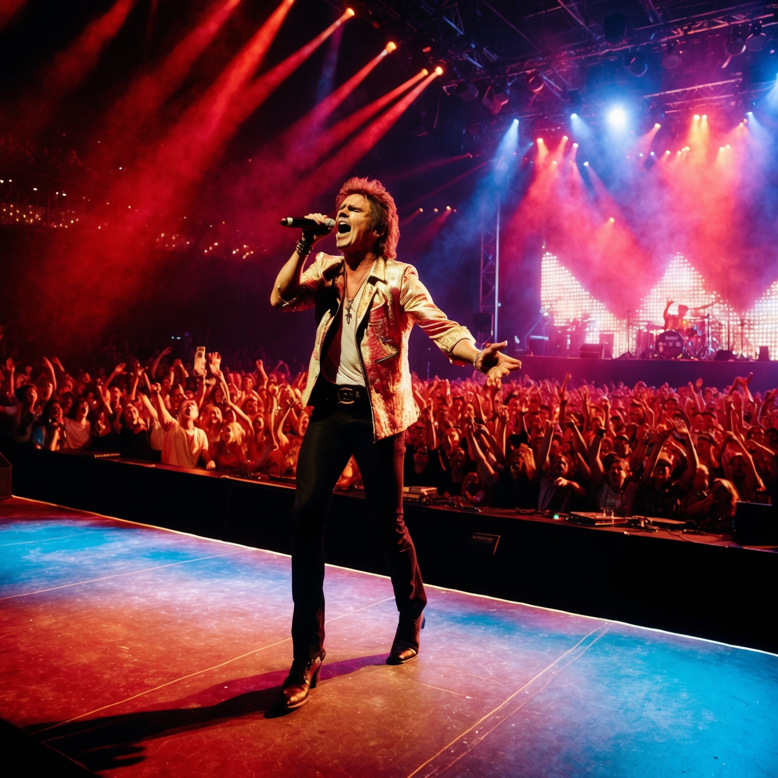 An electrifying concert scene, an emotional lead singer belting out lyrics on a vibrant stage, while an exuberant crowd is immersed in reverberating rock music under pulsating stage lights. The background reflects an iconic time in 1990s rock history.