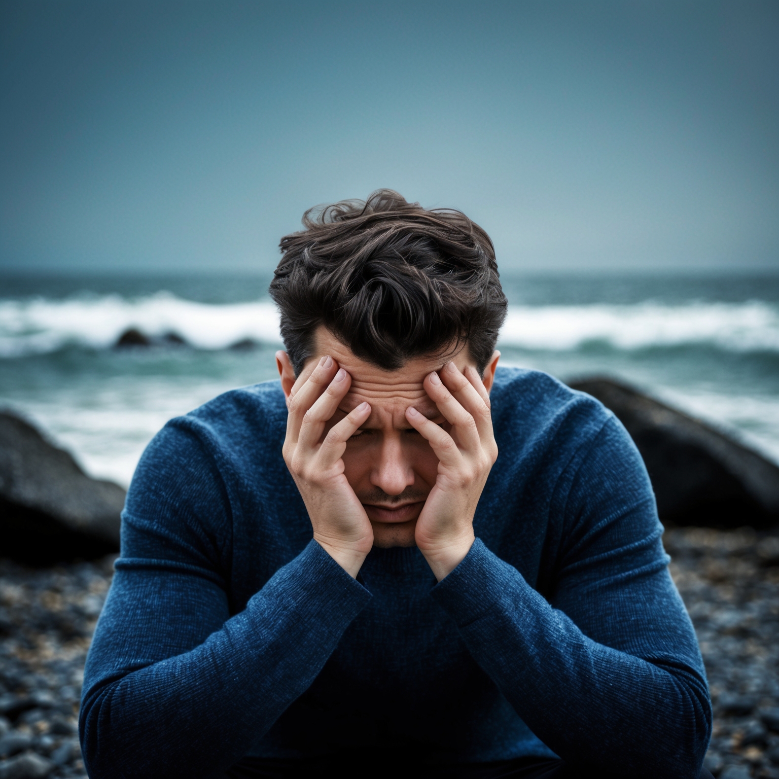 A close-up illustration capturing the introspective essence of a person deep in thought, reflecting on themes of identity and revelation. The background should subtly hint at a rocky seashore, symbolizing the tumultuous and emotional journey. The color palette should incorporate shades of blue and gray, evoking a mood of contemplation and resilience.