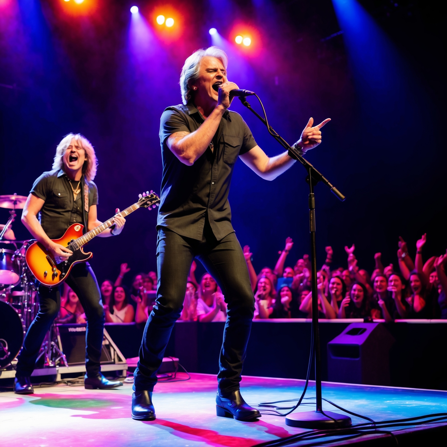 A vibrant live performance scene capturing a rock band on stage with a lead singer passionately singing into the microphone, bright stage lights illuminating the performers, and an enthusiastic crowd in the background enjoying the electrifying atmosphere.