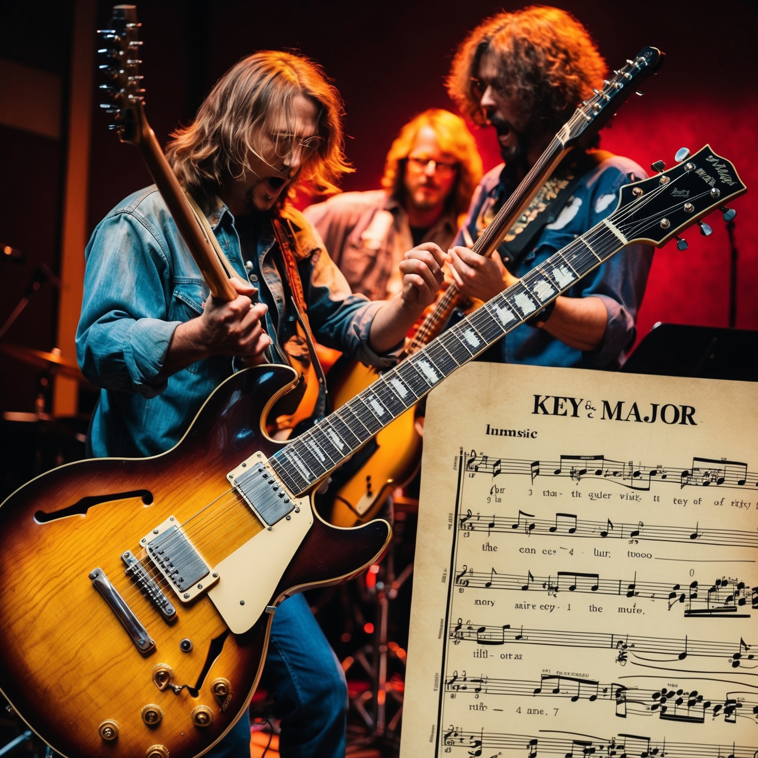 Depict a vivid musical scene featuring guitarists performing with intensity. Include elements like an electric guitar with intricate fretwork, a backdrop suggesting a recording studio atmosphere, and an overlay of sheet music highlighting the key of A major. Capture the energy and collaboration among musicians, reflecting on the early 90s grunge era.