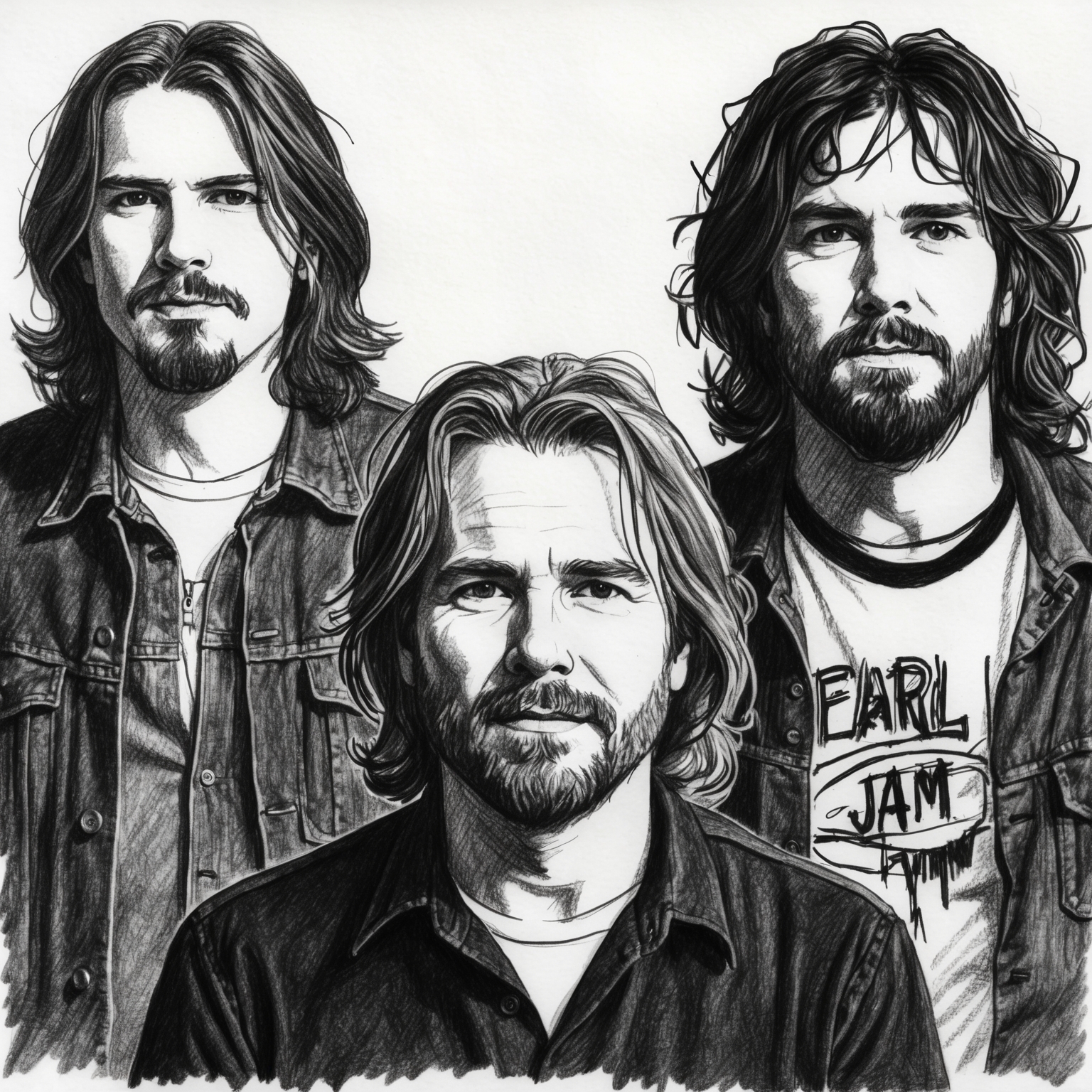 Create a charcoal drawing of Pearl Jam, focusing on a portrait style that feels half-finished. The drawing should be in black and white, capturing the essence of the band’s grunge aesthetic with an artistic and stylistic approach.