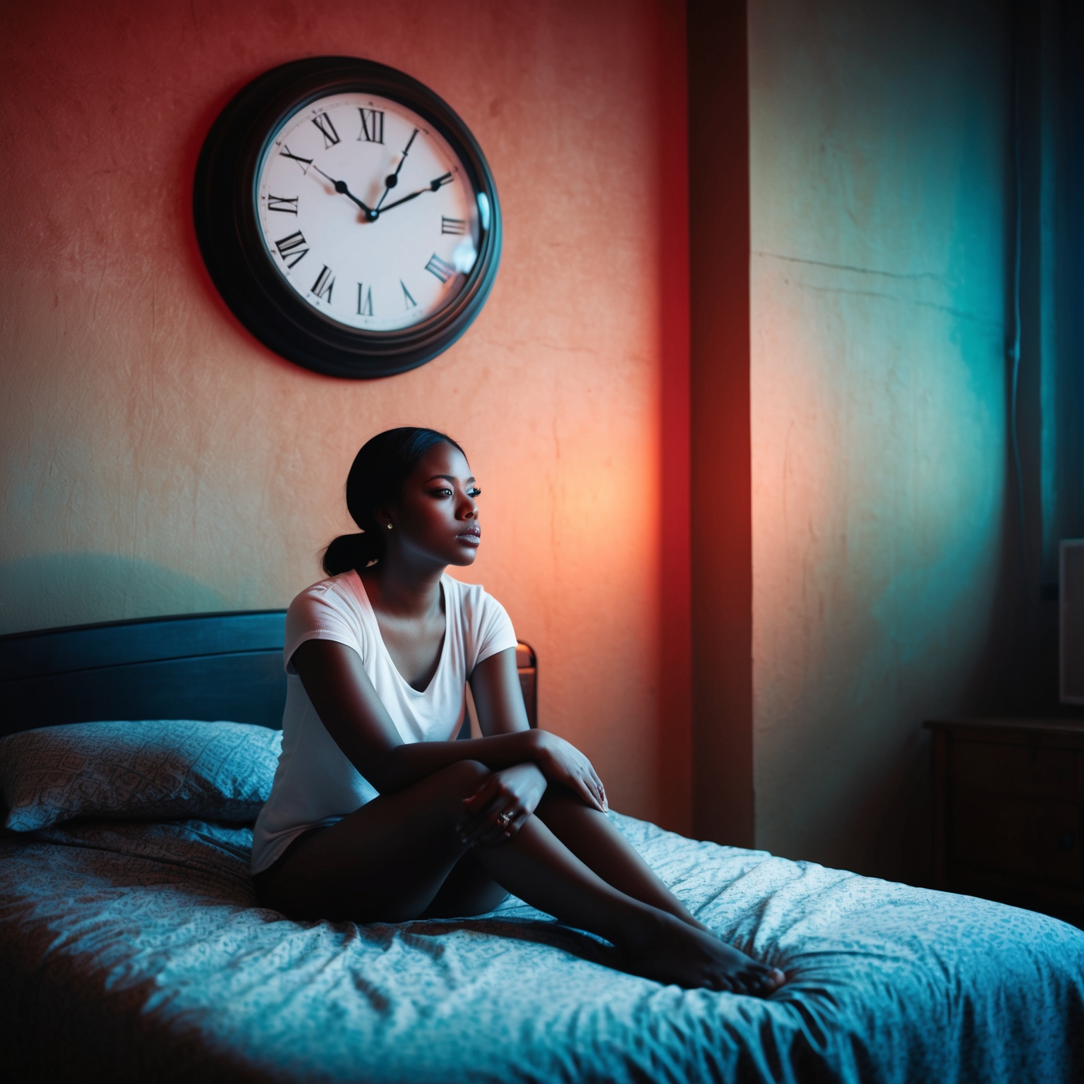 A woman sitting on the bed with a contemplative expression, clock striking four in the background, a blend of warm and cool colors symbolizing emotional turmoil, room subtly reflecting 90s grunge aesthetic.