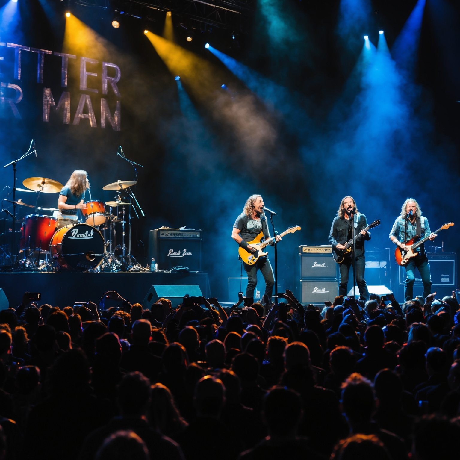 A concert scene capturing the live energy of Pearl Jam performing 