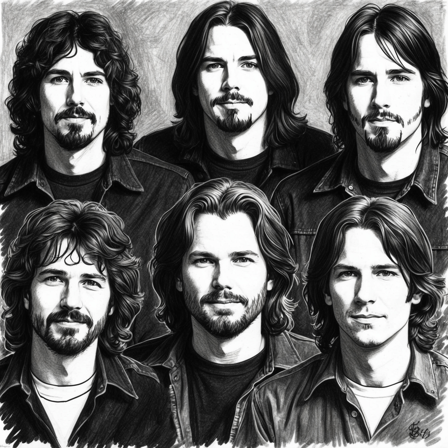 Create a charcoal, stylistic drawing of Pearl Jam, emphasizing the band members. The portrait should be black and white with a half-finished, rough edge feel, capturing their iconic early 90s essence.