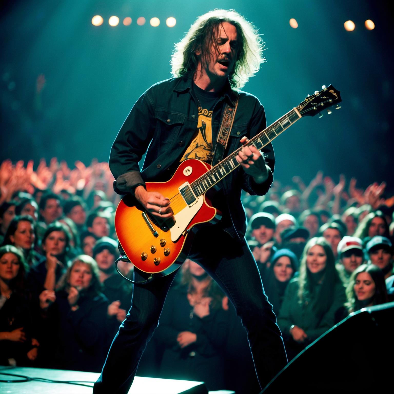 A 1990s-era grunge rock musician playing a guitar on stage, capturing the energy and mood of a live performance. The musician is surrounded by dim stage lights and a sea of captivated fans, with an emphasis on capturing the raw emotion and unique style that defined the grunge movement.