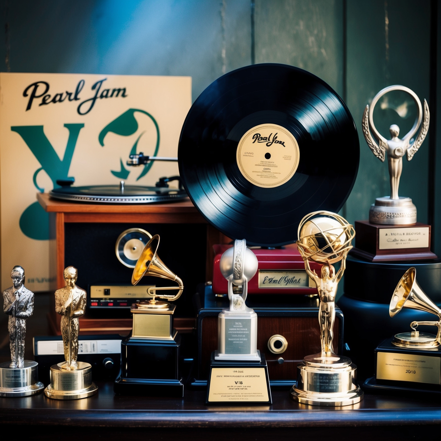 A collage of various musical awards and accolades, with a vintage record player and Pearl Jam