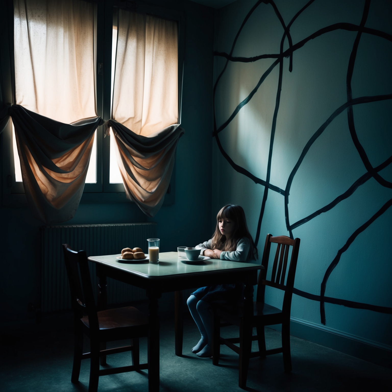 A dimly lit room with an empty breakfast table as the centerpiece. A young girl sits alone at the table, surrounded by shades drawn down. The walls of the room are painted with abstract patterns symbolizing confusion and misunderstanding. The atmosphere is somber and introspective, reflecting the emotional depth of Pearl Jam