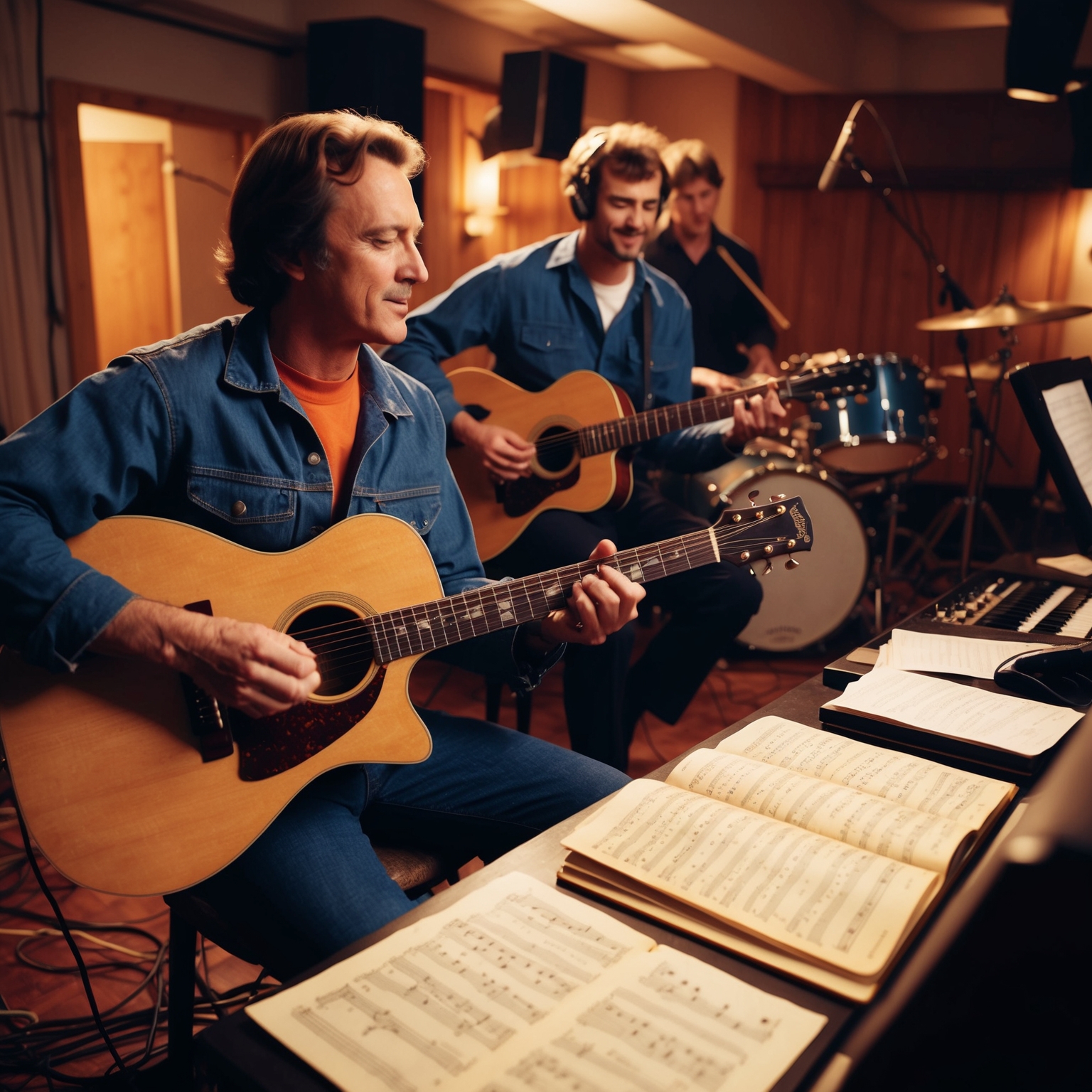 Create an image of a vintage recording studio from the 1990s, capturing musicians playing acoustic and electric guitars, with a focus on ambient lighting. Showcase a drummer and bassist in the background, highlighting a serene environment that promotes creativity and collaboration, with musical notes and sheet music scattered around.