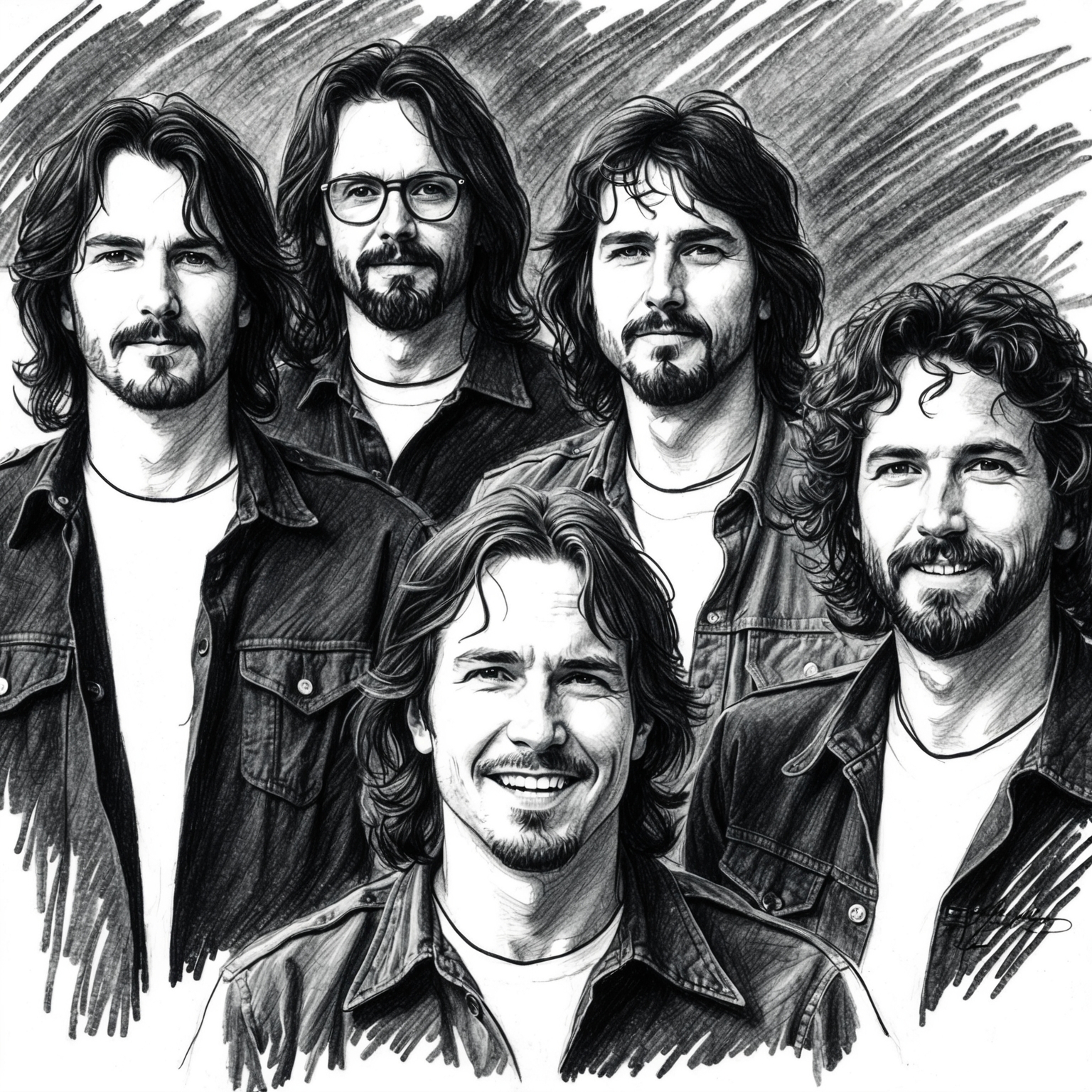 A charcoal, stylistic drawing of Pearl Jam, featuring all original band members with a black and white palette. The portrait should have a half-finished, expressive feel, capturing the energy of the band during the early 1990s.