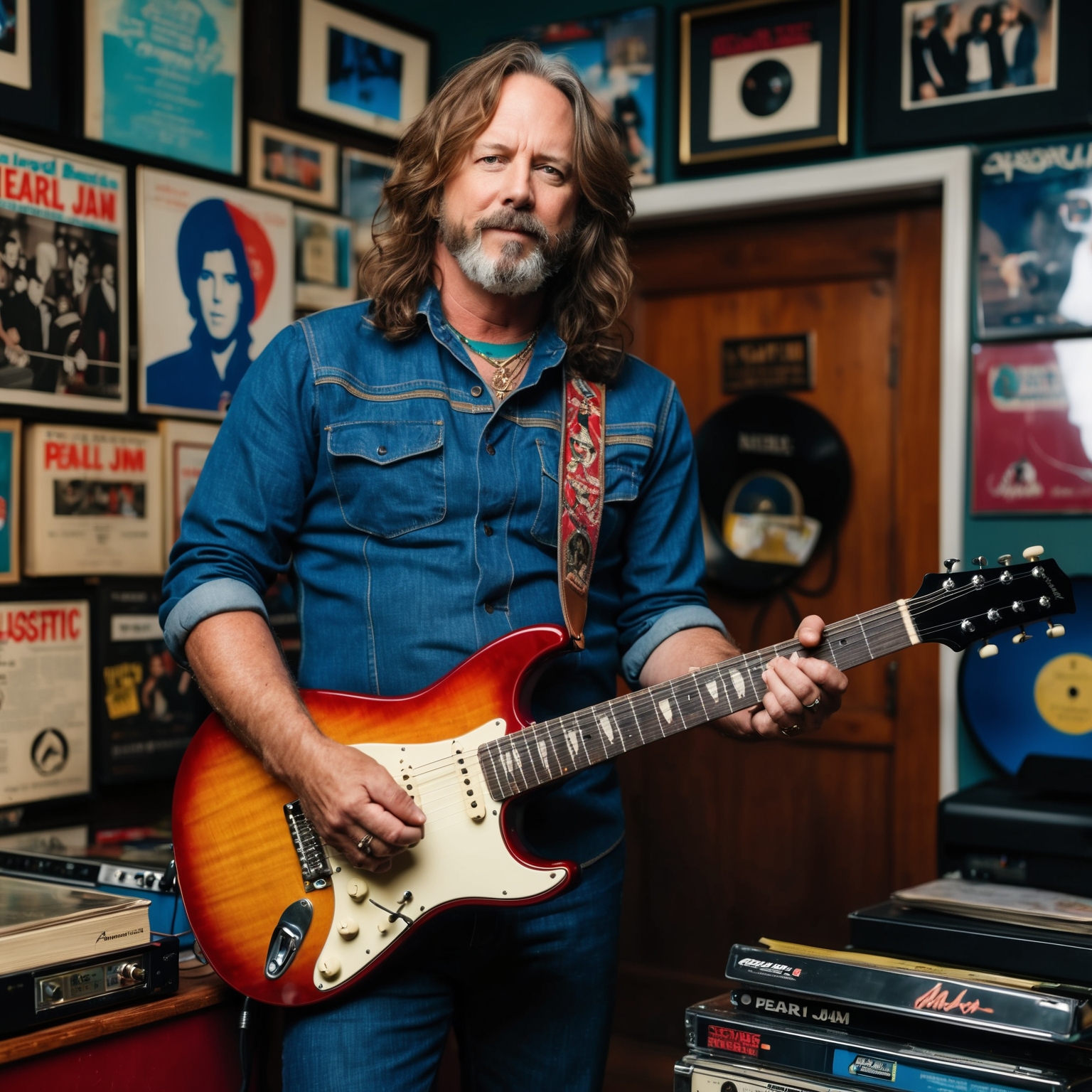 A detailed and expressive portrait of Stone Gossard, the guitarist and founding member of Pearl Jam, in a setting that reflects the grunge music scene of Seattle. He is holding an electric guitar, surrounded by records and classic rock memorabilia, evoking the 1990s grunge era. The image should capture the essence of his creative spirit and musical influence.