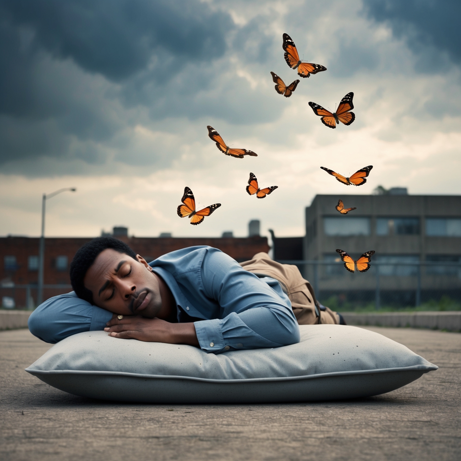 A man resting on a concrete pillow under an overcast sky, with butterflies symbolizing fleeting thoughts around him, capturing both vulnerability and hope. The urban environment in the background reflects early 1990s architecture, adding to the socio-economic theme.