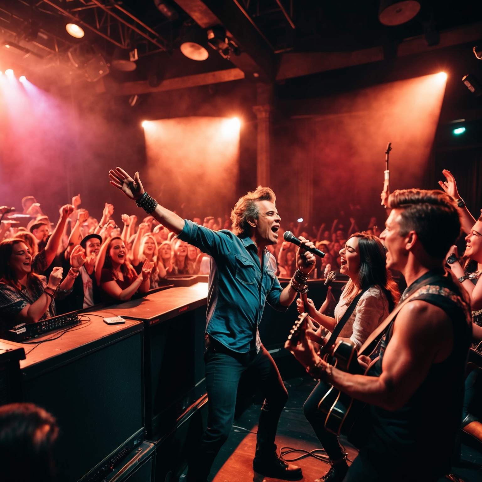 Create an energetic and dynamic scene capturing a live rock concert in a vintage theater setting, focusing on a charismatic lead singer engaging with an enthusiastic audience, surrounded by raw stage lighting and bandmates playing their instruments passionately.