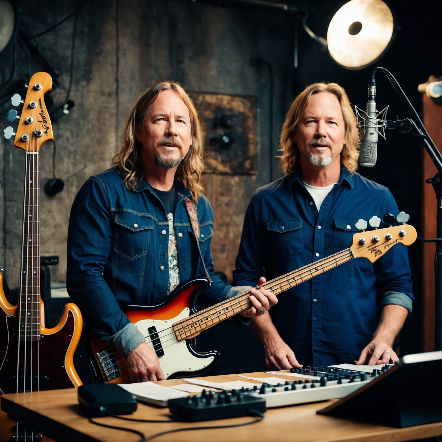 Portrait of Eddie Vedder and Jeff Ament in a studio setting, showcasing musical instruments such as a bass guitar and microphone, with a backdrop of grunge aesthetic elements. Capture the collaborative and creative essence between the two artists as they compose music.