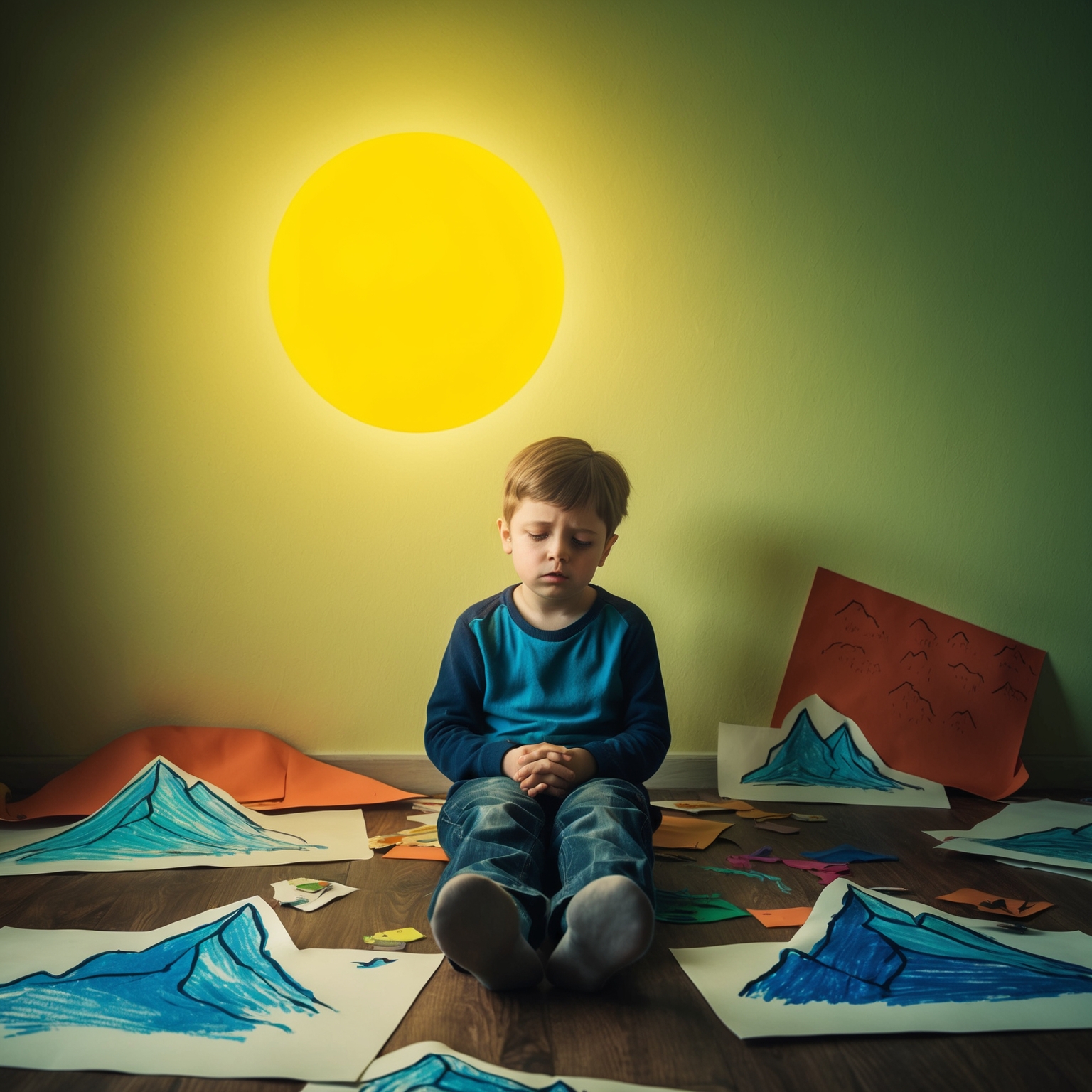 A young boy sitting alone in his room, surrounded by drawings of mountain tops under a vivid yellow sun, with an expression of deep contemplation and sadness. The scene captures the essence of loneliness and creativity, with artwork scattered around and contrasting colors reflecting emotional turmoil.