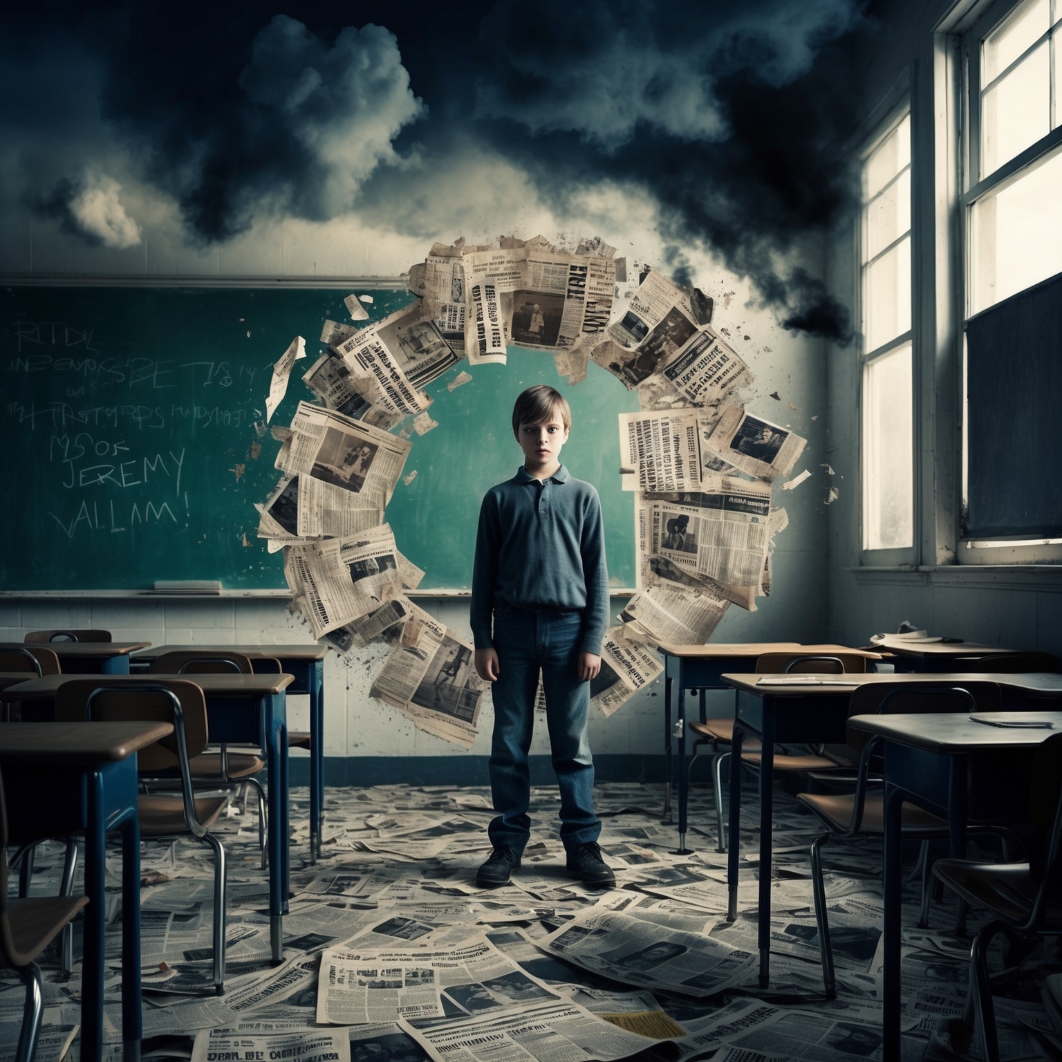 Create an image of a young boy standing alone in a classroom, with a chaotic swirl of newspaper clippings and dark clouds surrounding him. Capture emotions of solitude and alienation set in an early 1990s aesthetic, emphasizing muted colors and dramatic lighting to reflect the themes of the song 