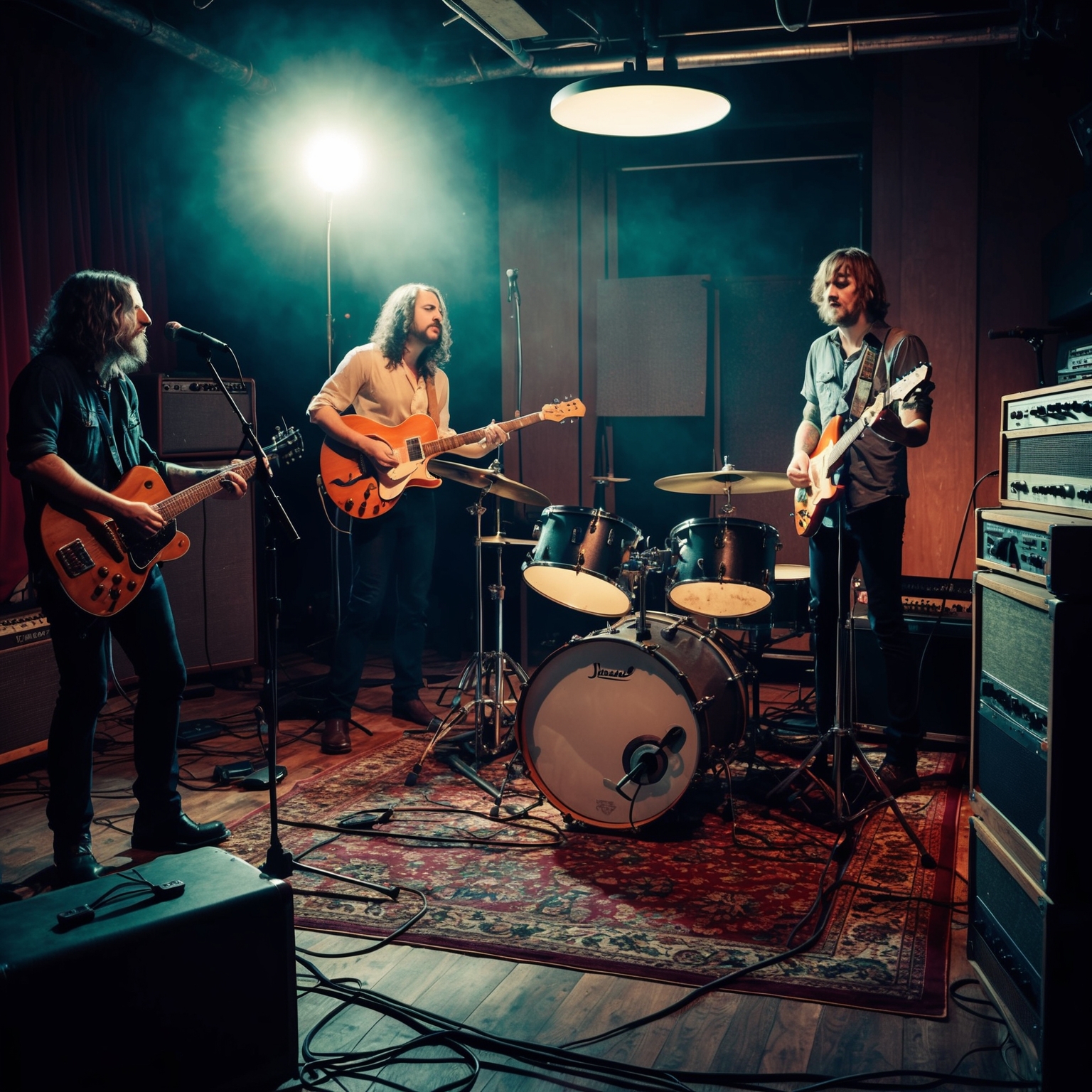 Illustrate a band recording in a vintage studio setting, showcasing guitars, drums, and analog equipment, with a focus on emotional intensity and a grunge aesthetic.