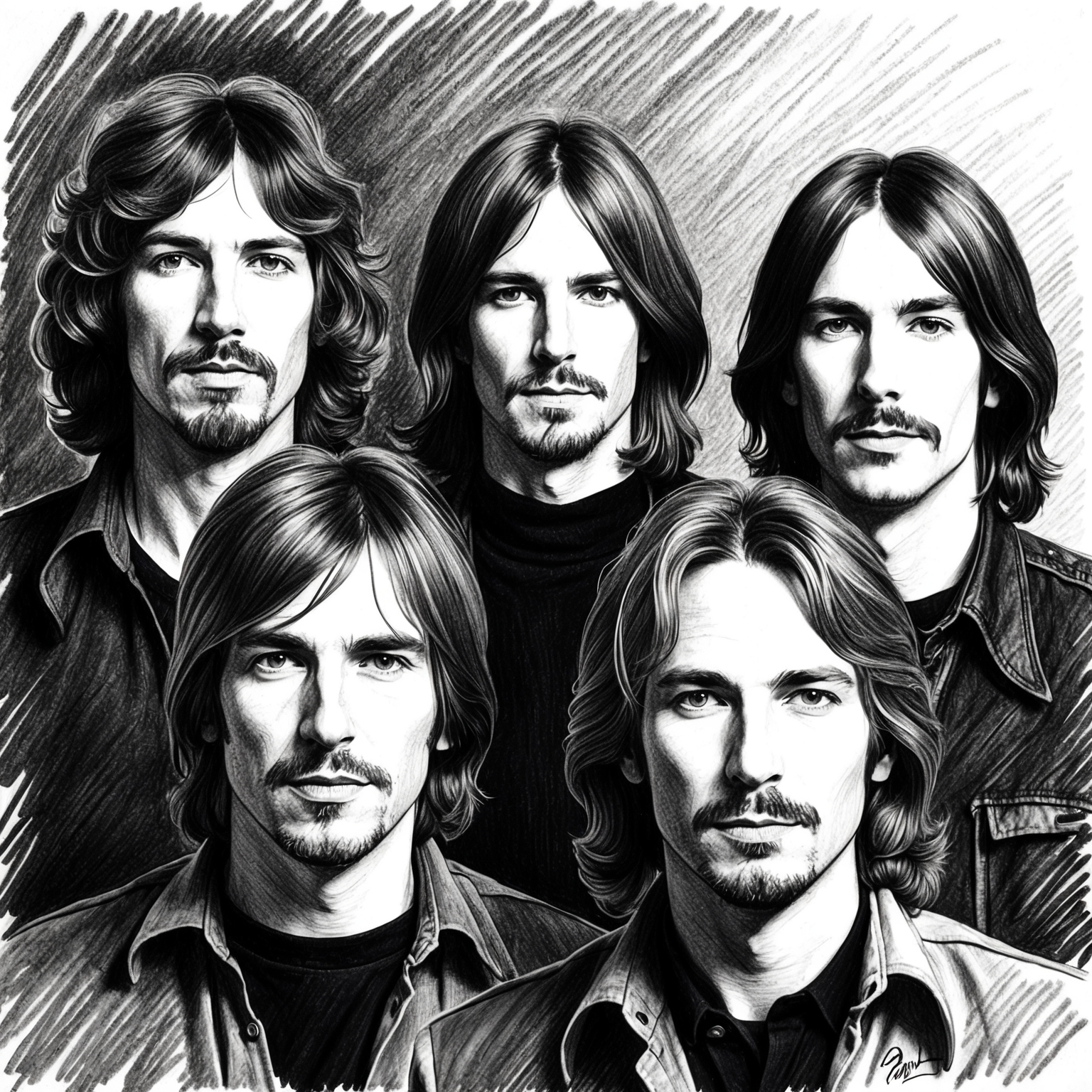 A black and white charcoal portrait of Pink Floyd, showcasing the band members, with a half finished, stylistic drawing. The mood should capture the essence of their influence in rock music, with a focus on their 1970s era. Create a sense of artistic mystery and depth.