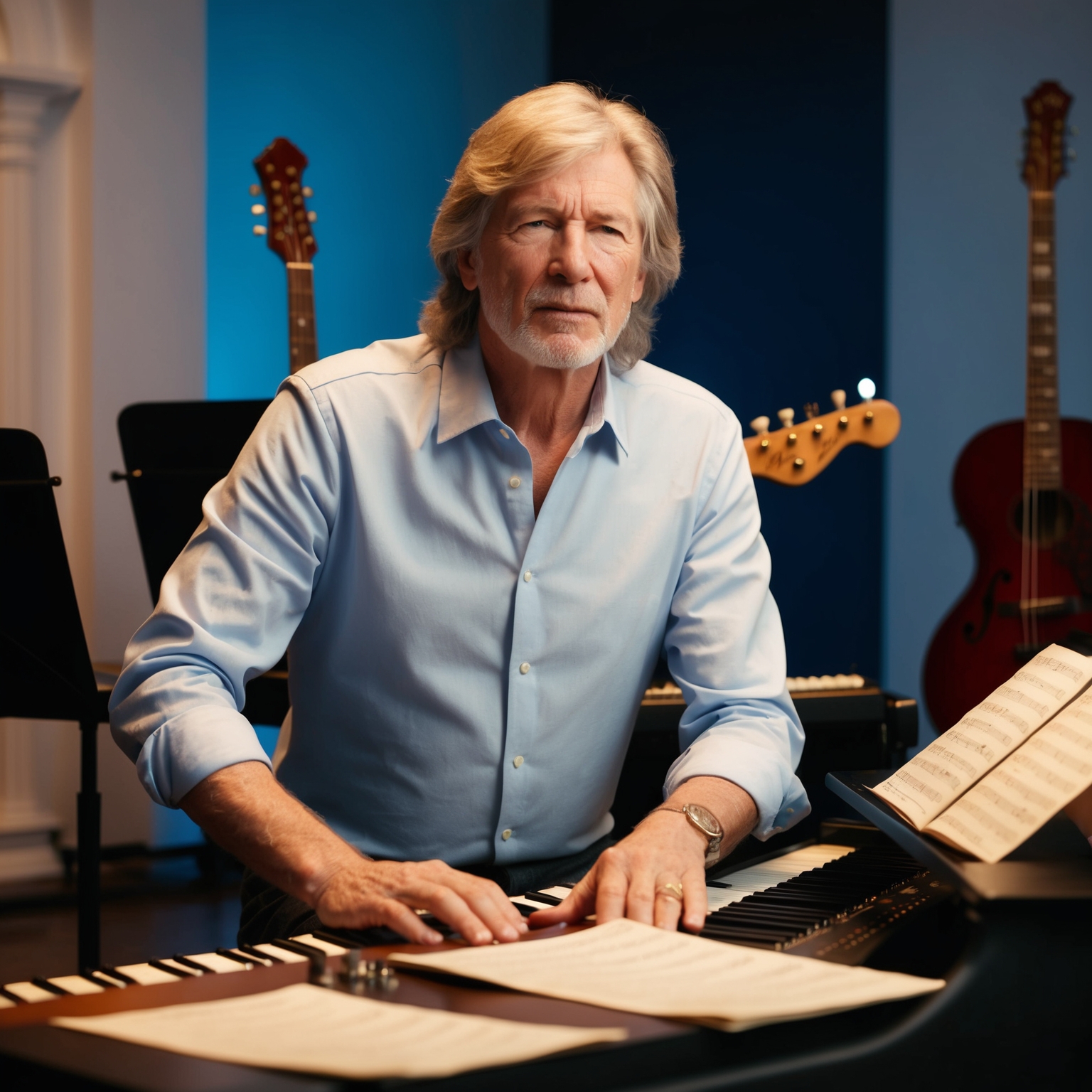 Portrait of Roger Waters in a studio, surrounded by musical instruments and sheet music, capturing the essence of his innovative composing style, reflecting progressive rock and thematic storytelling. A hint of architectural elements in the background, symbolizing his academic beginnings.