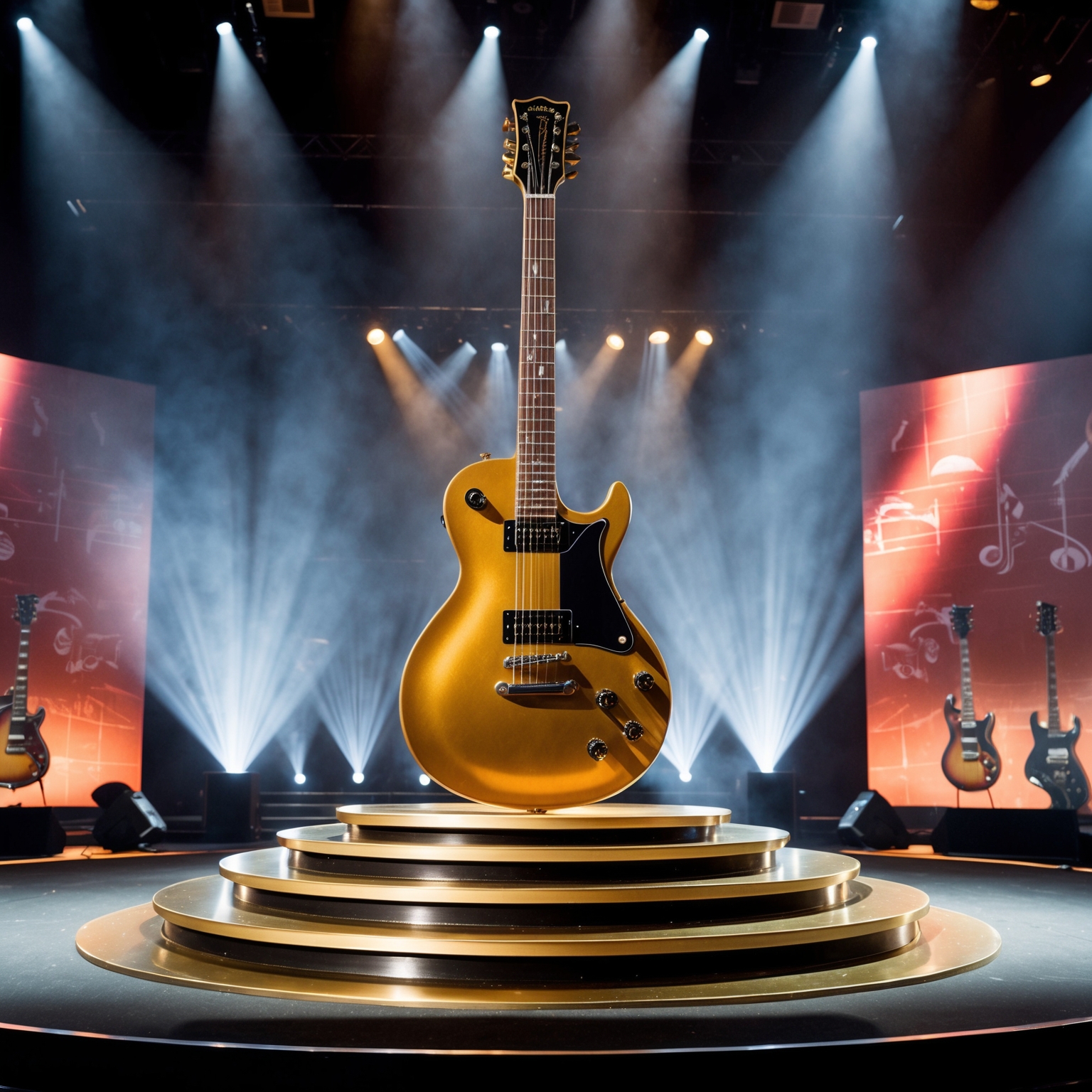 Create an image capturing the essence of a music award ceremony. Visualize a stage with dramatic lighting, showcasing a golden trophy in the shape of a guitar. Include a backdrop that hints at rock music heritage, possibly with elements like abstract musical notes or subtle images of electric guitars. The atmosphere should be celebratory and vibrant, reflecting the achievement and the iconic status of a legendary rock anthem.