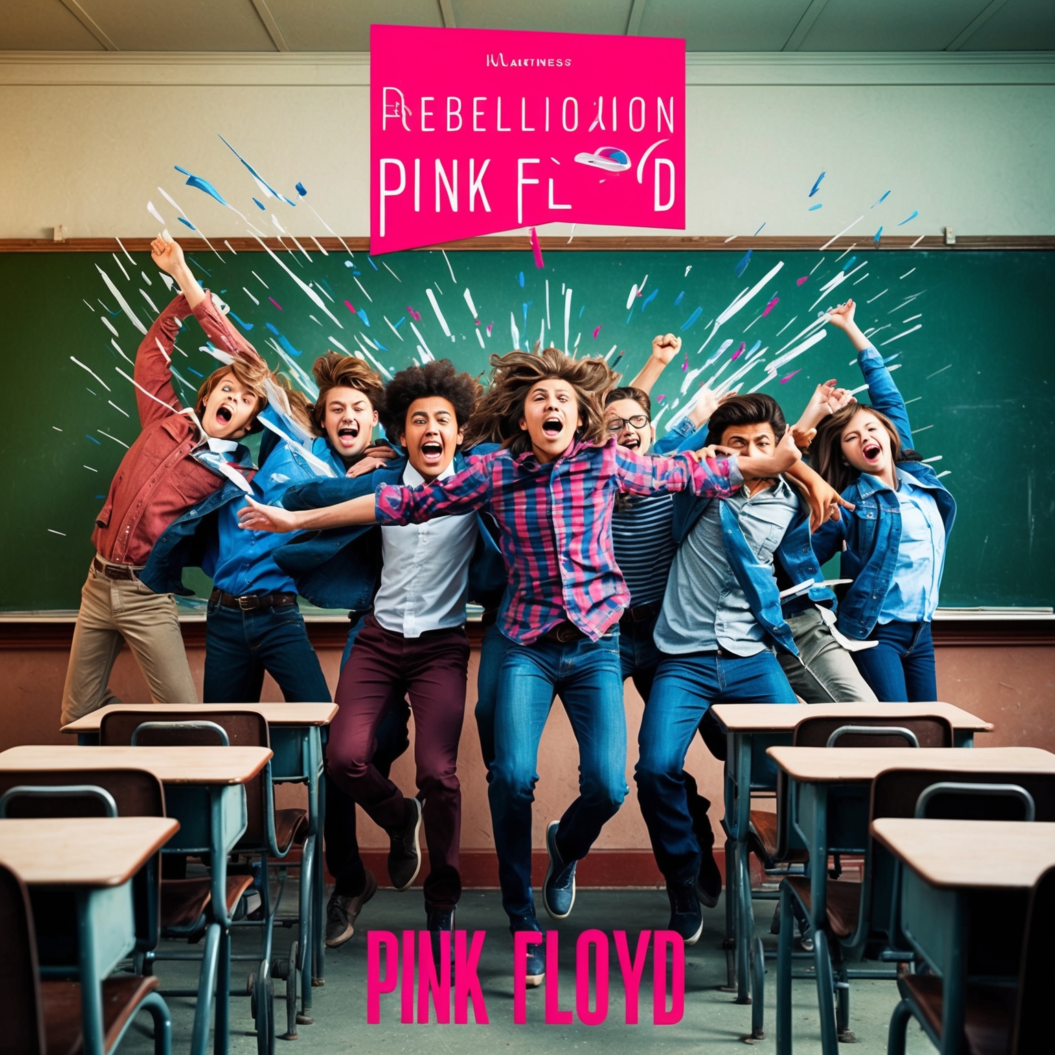 A vivid and dynamic illustration capturing a group of students breaking free from a wall symbolizing education, set against a backdrop of a vintage classroom. Show a distinct contrast between color and monochrome elements to signify liberation from conformity. The scene should evoke a sense of rebellion and empowerment, reflecting the essence of Pink Floyd