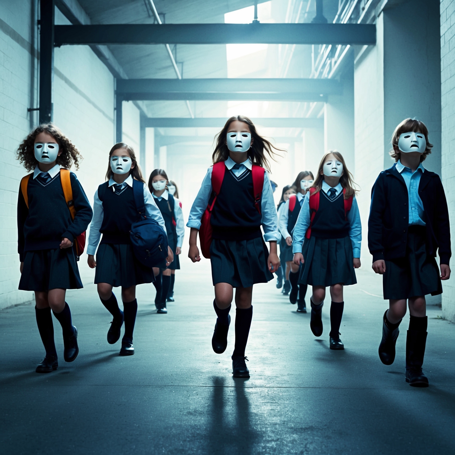 Create an artistic image depicting schoolchildren marching in a stark, industrial setting, with expressionless masks, symbolizing control and conformity. Include elements of surrealism and industrialization, inspired by the iconic scenes from Pink Floyd