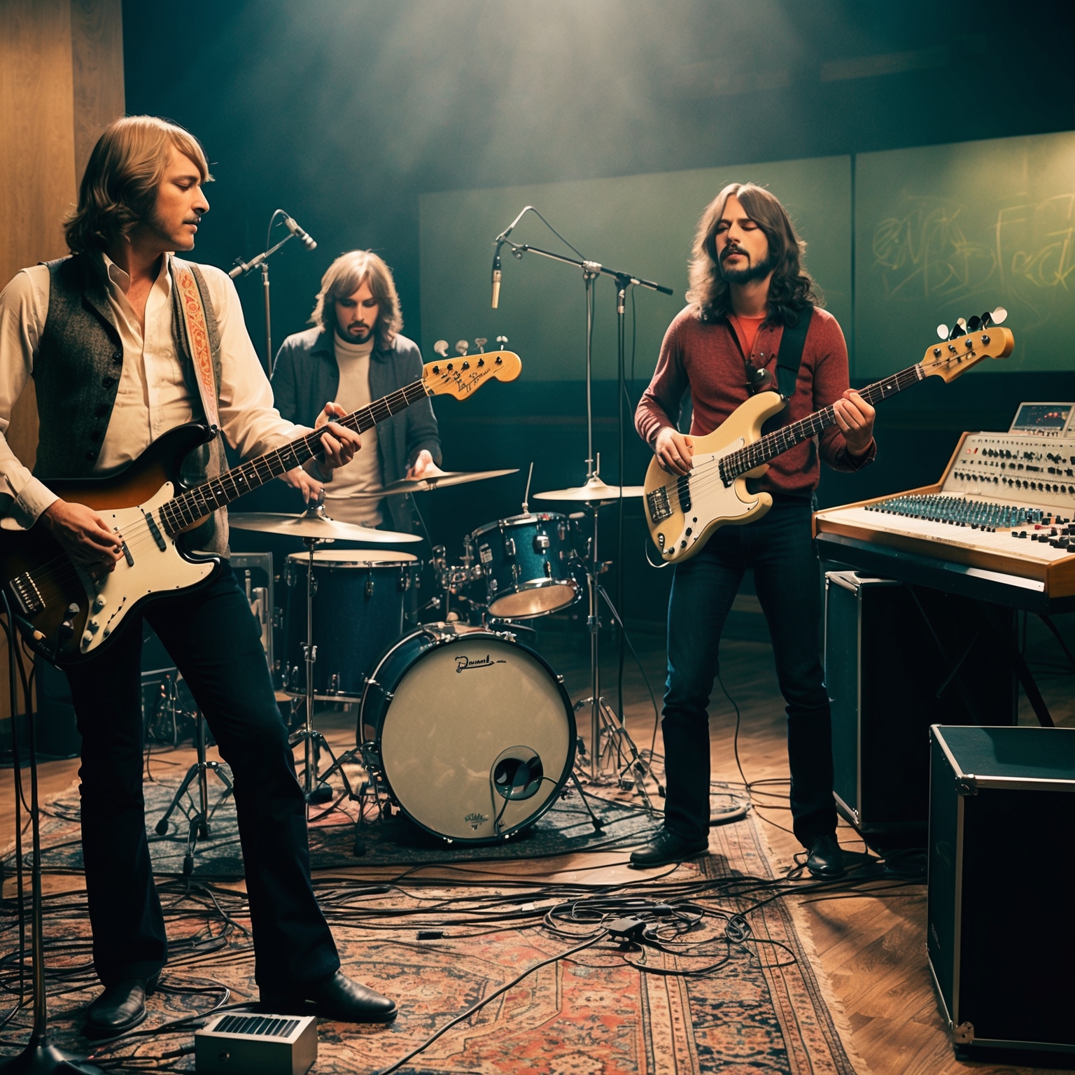 Create an image depicting a 1970s rock band recording in a studio, featuring musicians playing electric guitar, bass, drums, and synthesizers. Include elements of a recording studio, like a mixing desk and microphones, with an emphasis on a collaborative, creative atmosphere reminiscent of Pink Floyd working on 