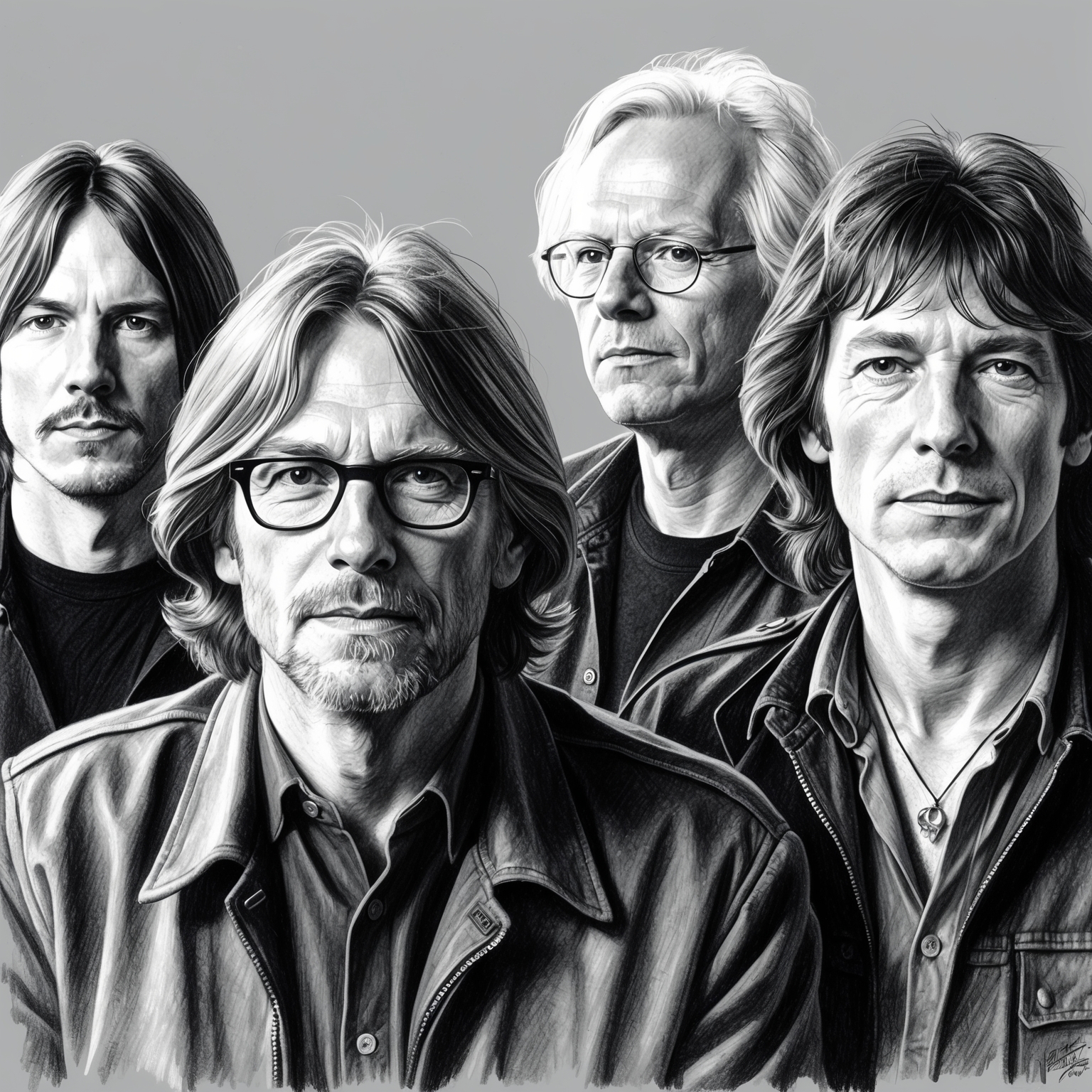 Create a black and white charcoal, stylistic drawing of Pink Floyd