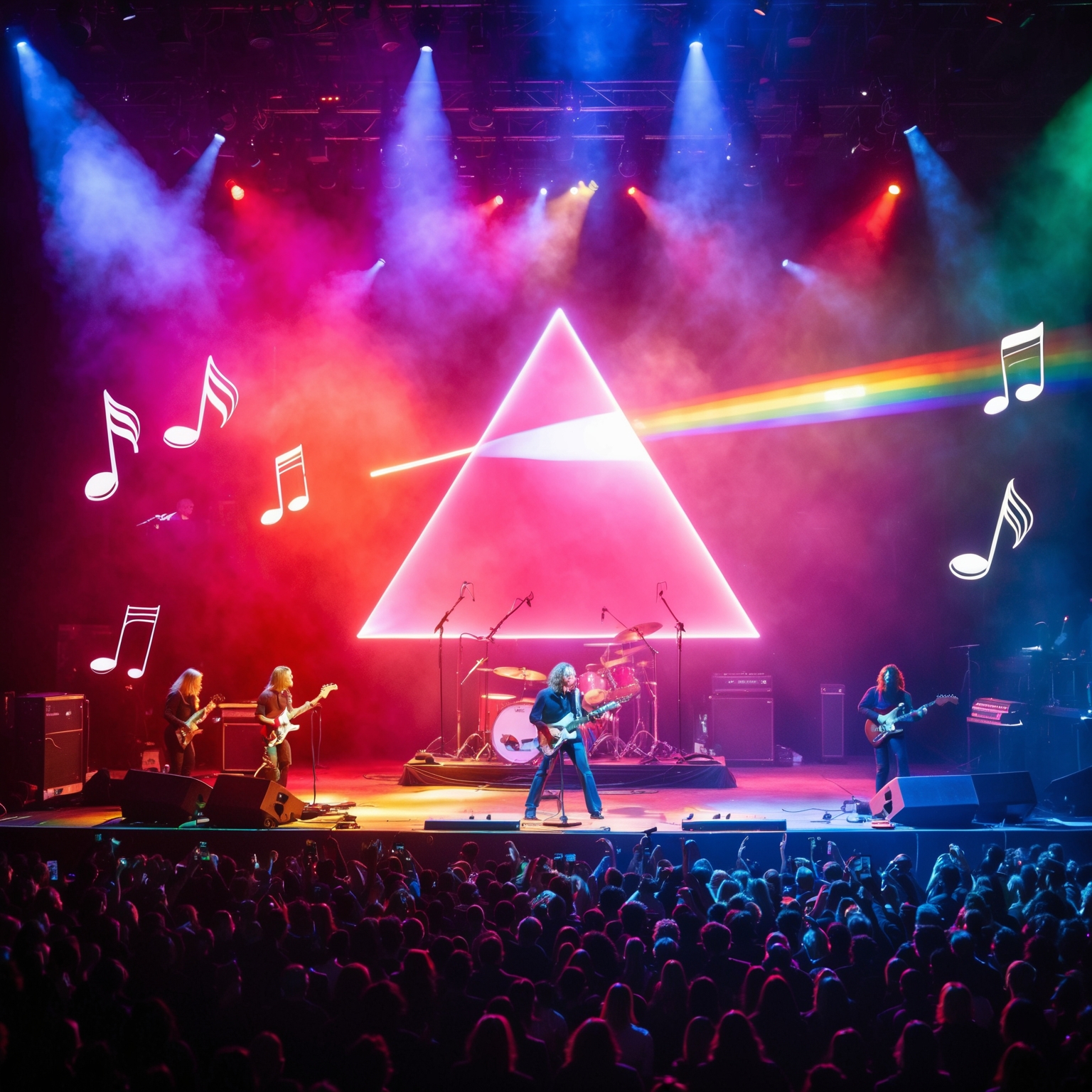 A vibrant and atmospheric concert scene showcasing Pink Floyd performing 