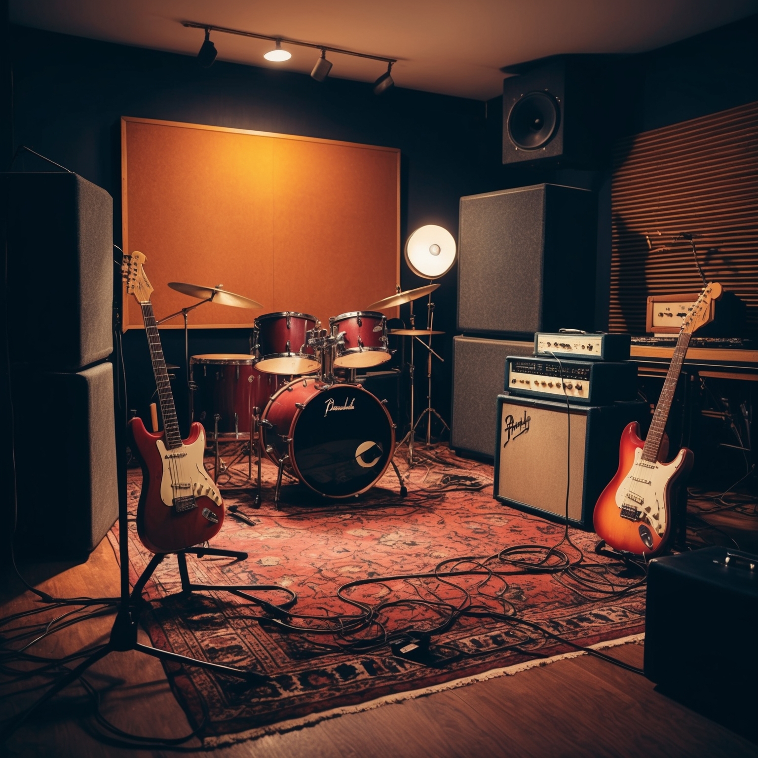 Generate an image depicting a studio setting that captures the late 1970s rock atmosphere. Include vintage recording equipment, electric guitars, dim lighting, and ambient sonic elements to depict the creation of a classic rock song like 