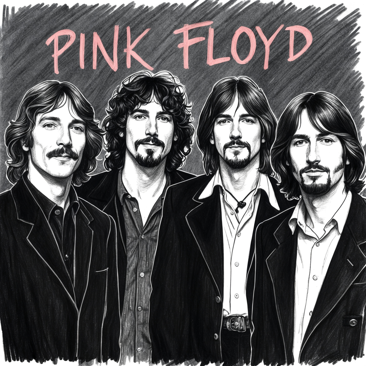 A half-finished charcoal, stylistic drawing of the band Pink Floyd, capturing a black and white portrait of the band members with a focus on a vintage rock aesthetic. The portrait should convey an artistic and somewhat unfinished yet expressive feel, symbolizing the band