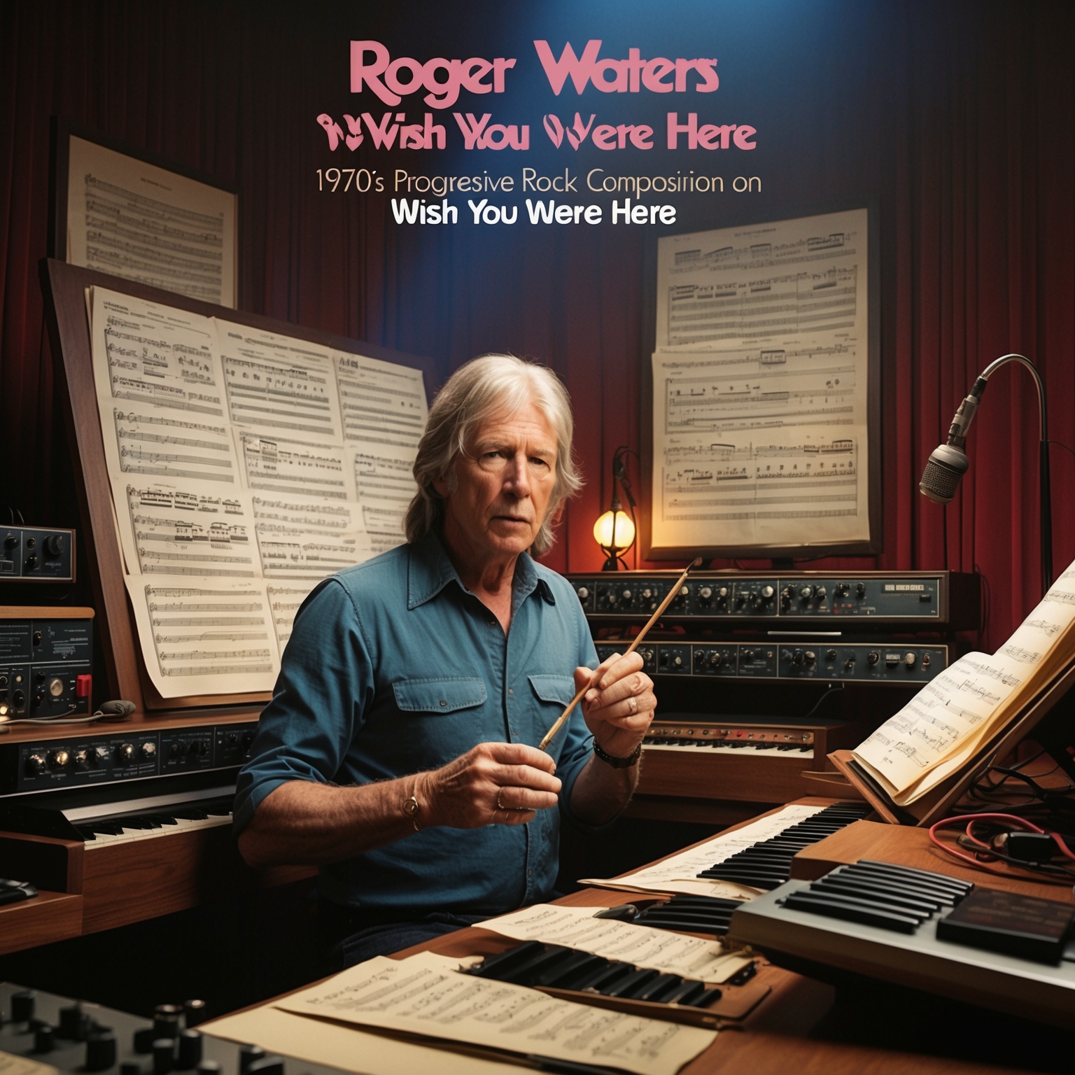 Illustration of Roger Waters working on music composition, featuring a 1970s progressive rock setting, surrounded by instruments and sheet music, capturing the creative atmosphere that encapsulated his work on 