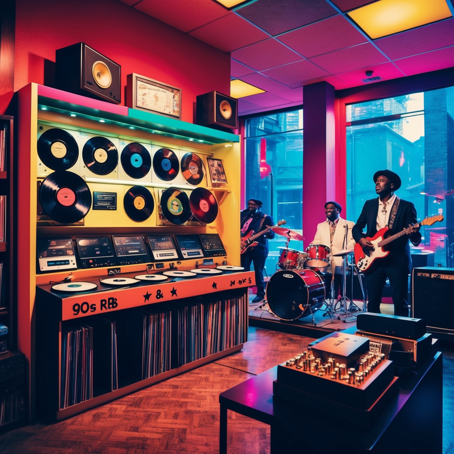 An iconic scene depicting the vibrant 90s R&B culture, showing a retro record store with vinyl records, musical awards on a shelf, and musicians performing, evoking the essence of 90s music nostalgia with vibrant colors and a touch of modern style.