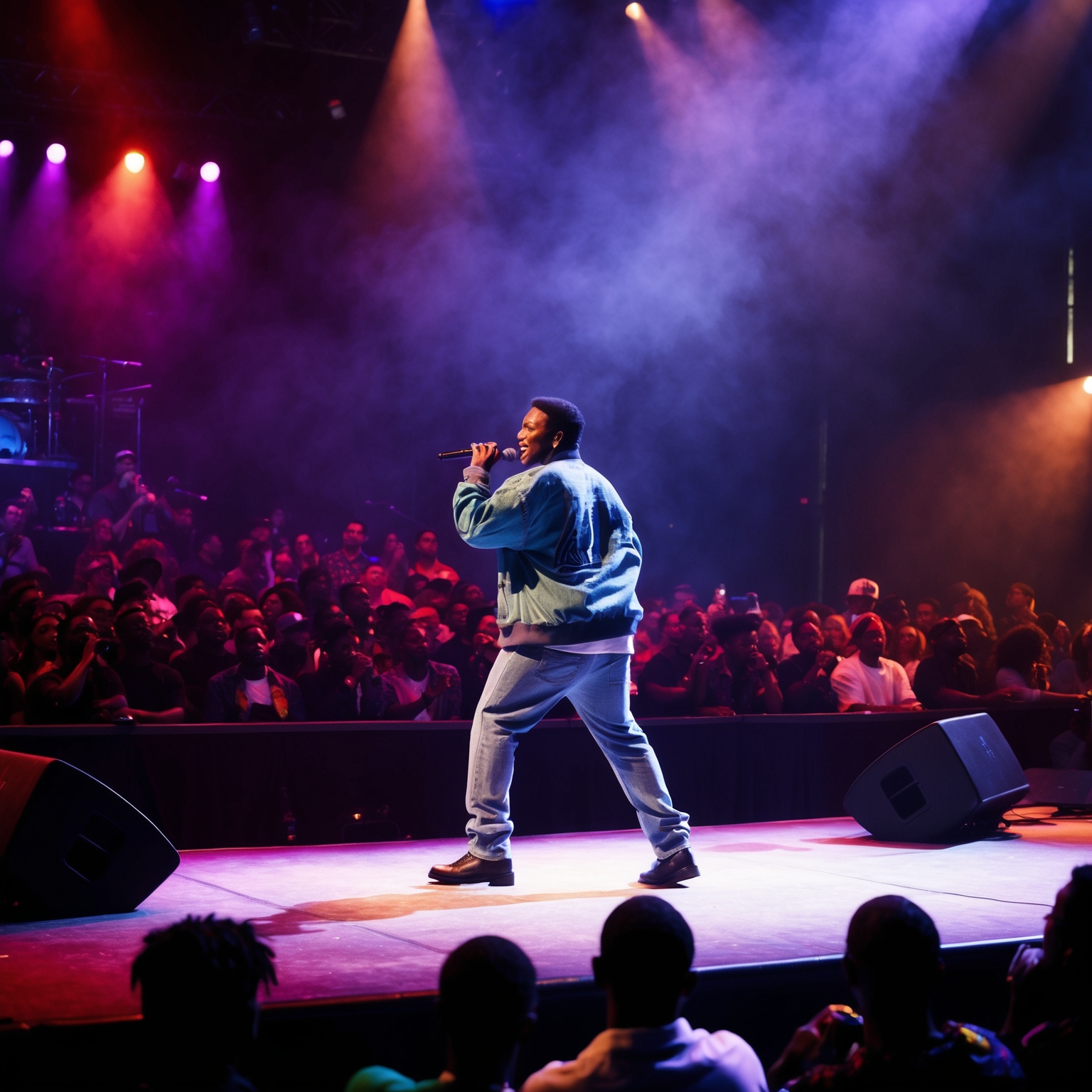 Create an image depicting the essence of a 1990s R&B concert stage, featuring atmospheric lighting and a focal point of a dynamic singer performing amidst a captivated audience.