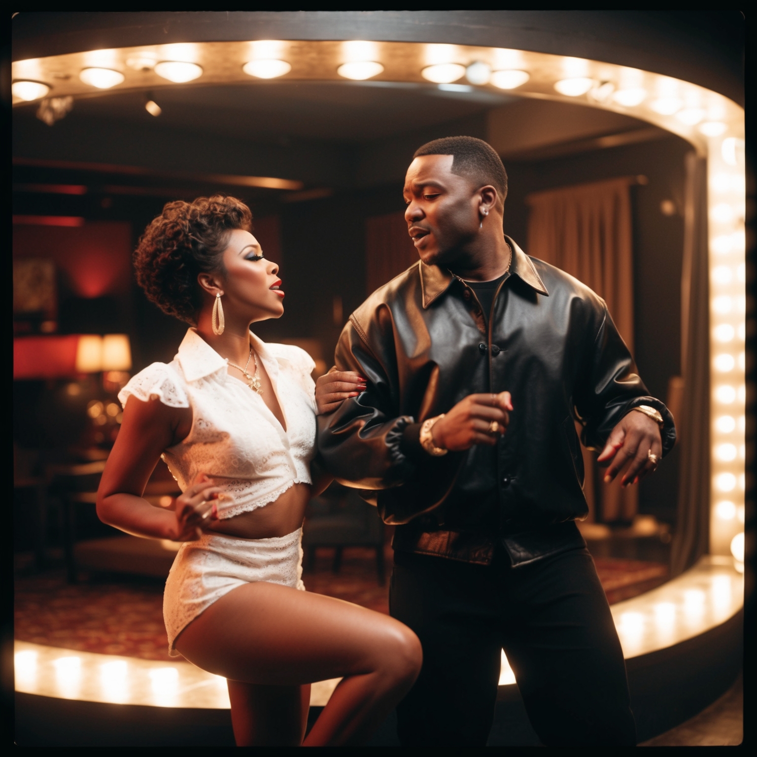 Create an image that captures the essence of R&B music video from the early 