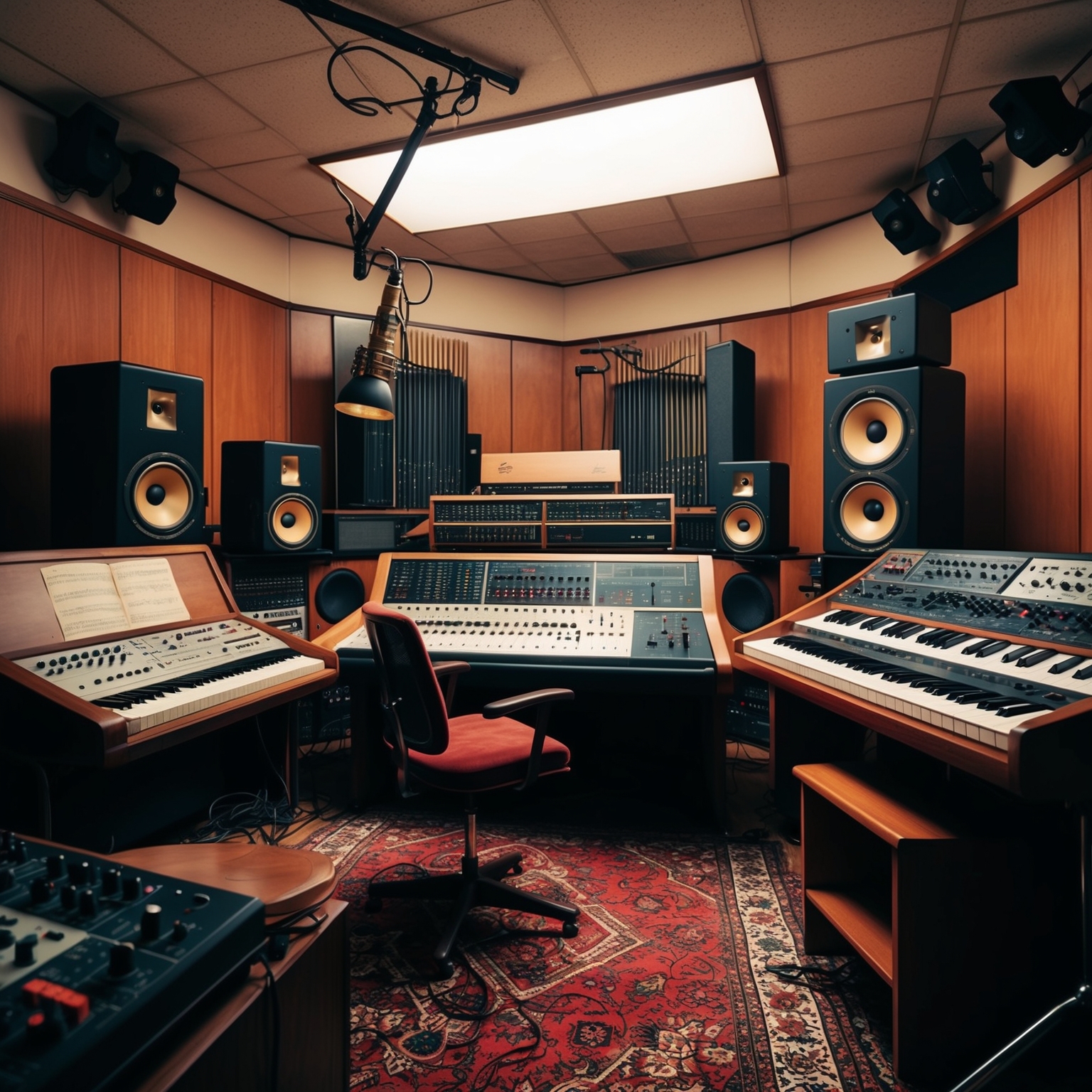 A vintage recording studio from the 1990s, with a mix of traditional instruments and electronic synthesizers, showcasing a creative and collaborative atmosphere, capturing the essence of creating a timeless R&B hit.