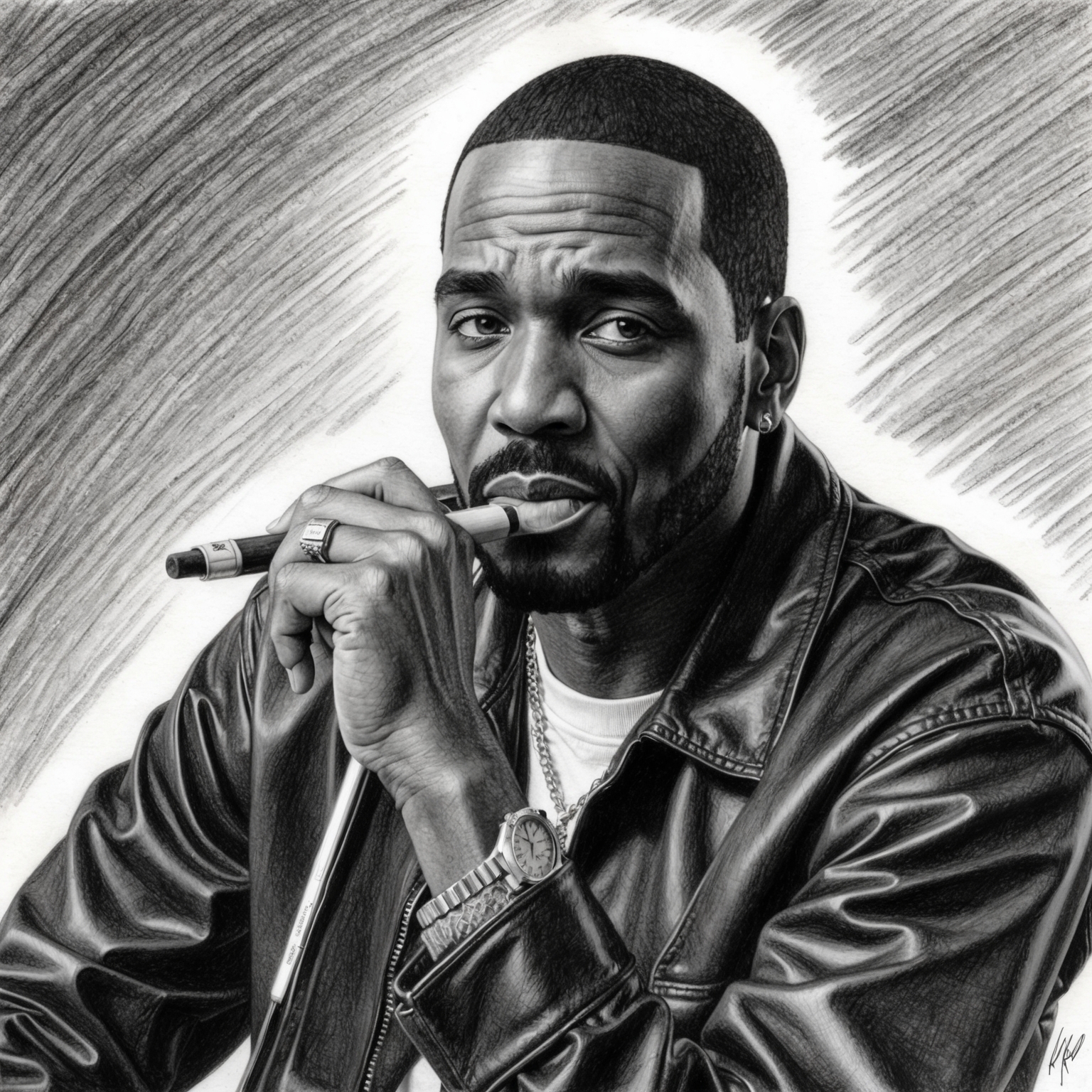 Create a black and white charcoal portrait of R. Kelly, capturing him in a pensive pose. The drawing should have a half-finished, stylistic feel, emphasizing both the depth and artistic essence of the musician.