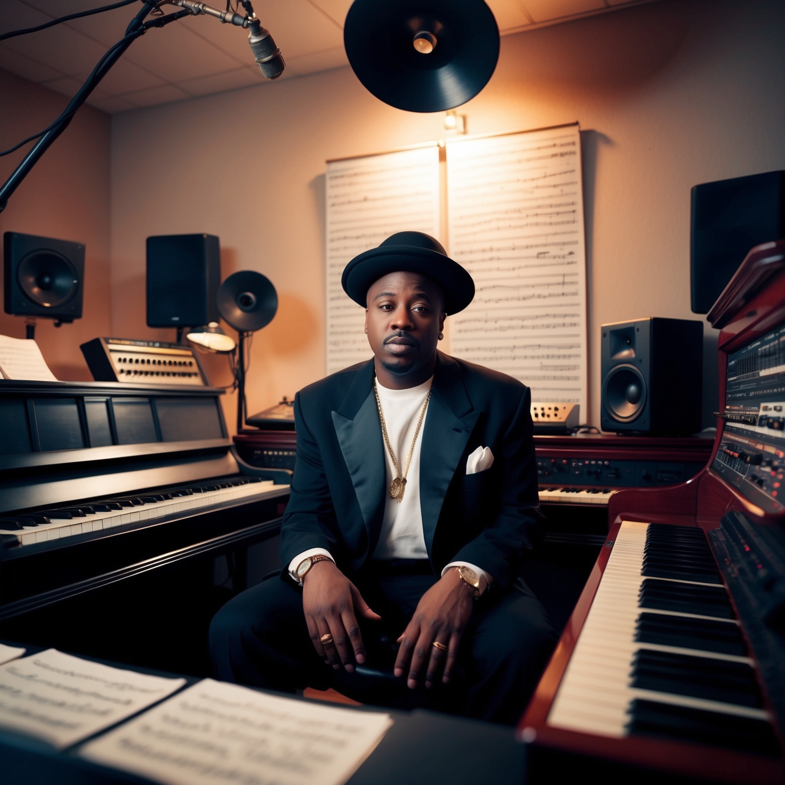 A musical studio with an iconic R&B musician, mid-1990s setting, surrounded by sheet music, piano, and sound equipment, capturing the essence of creativity and inspiration.