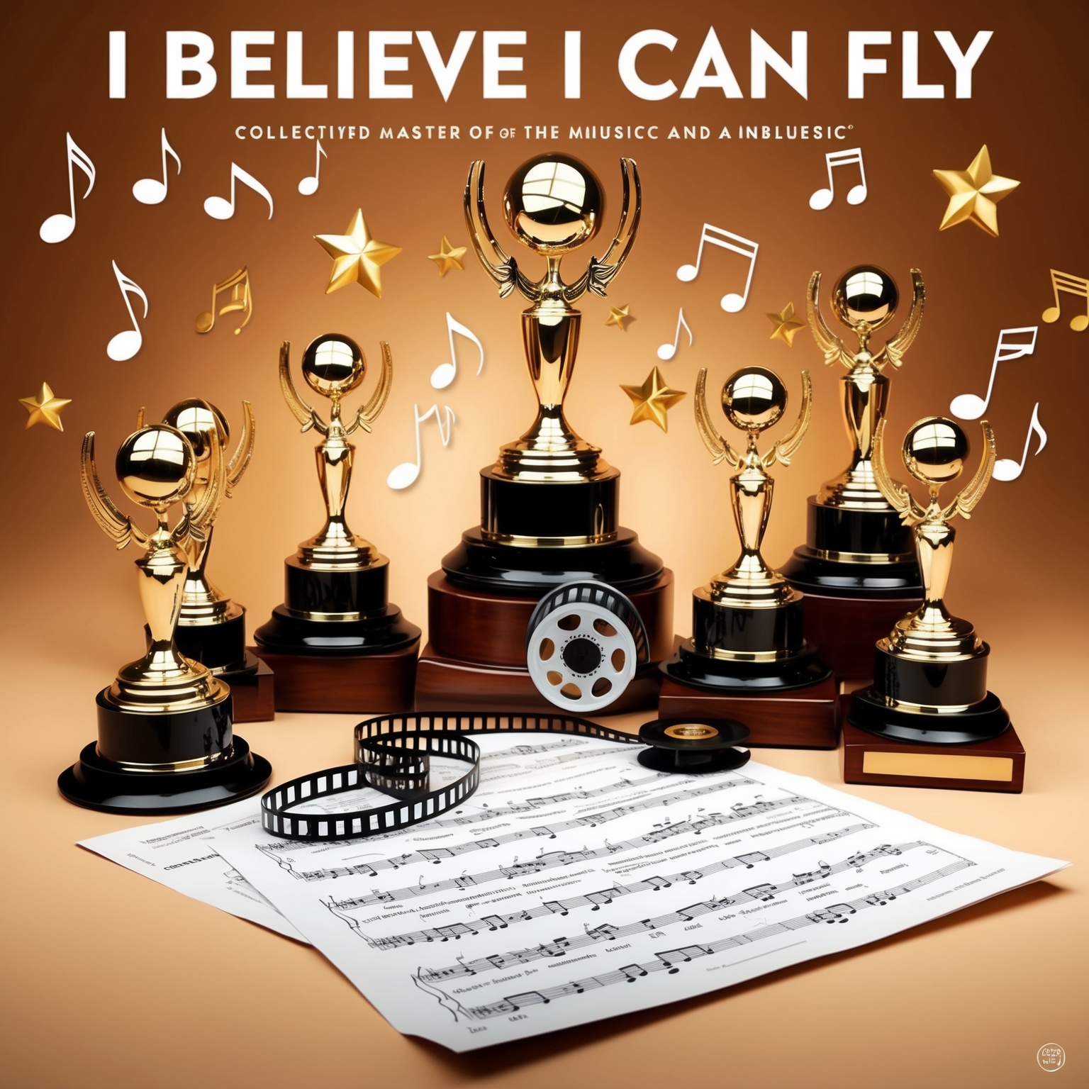 A collection of award trophies, with musical notes and stars in the background, symbolizing the prestigious accolades won by the song "I Believe I Can Fly". Include a film reel and sheet music to represent the song