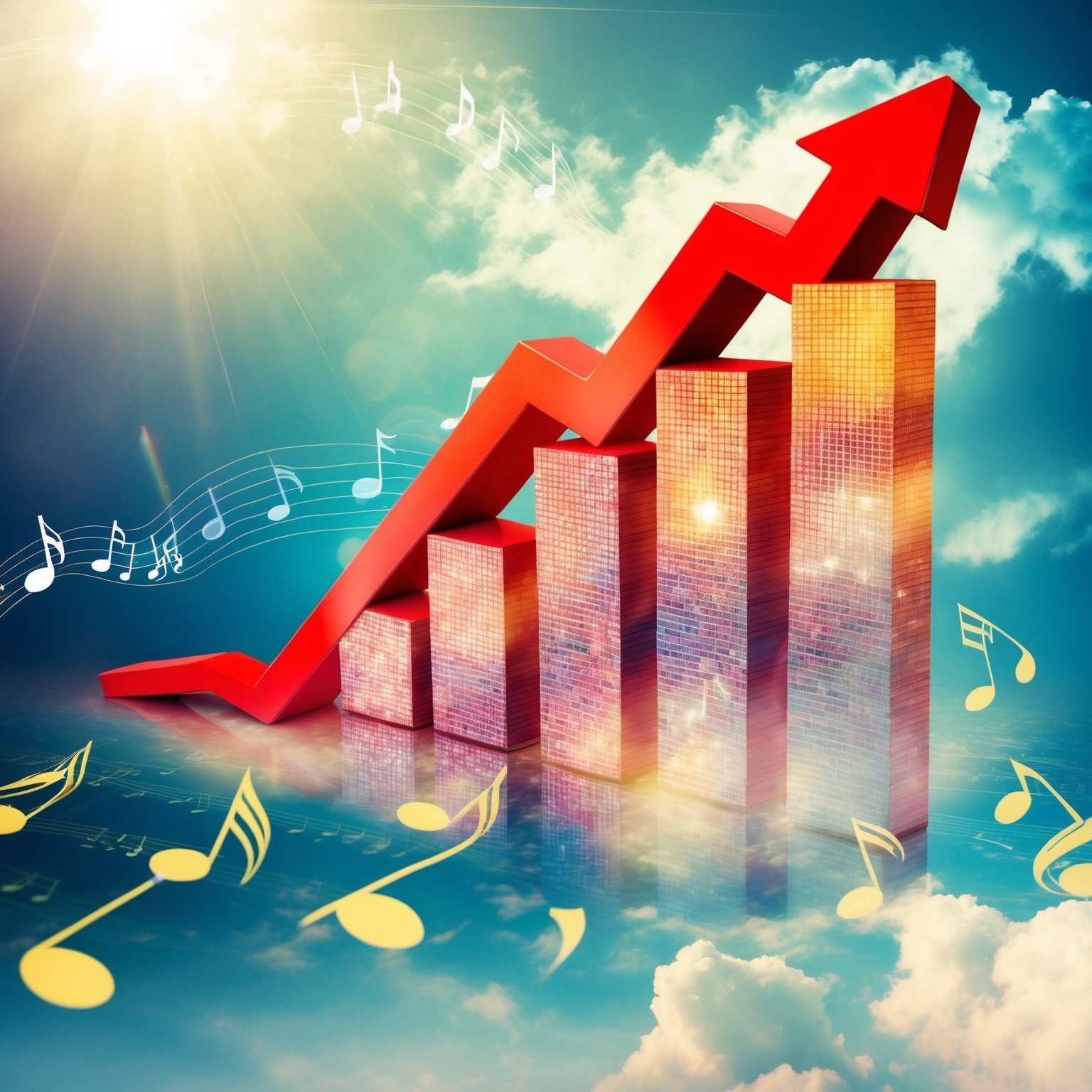 Illustrate an inspiring and triumphant atmosphere, capturing a vibrant depiction of music chart graphs with a rising trend symbolizing 