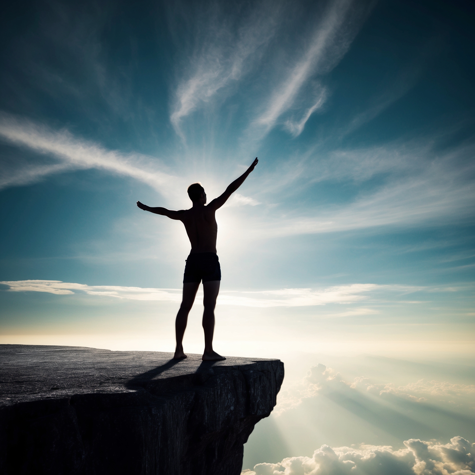 An ethereal and metaphorical concept of a person standing on a cliff edge, with a vast, open sky before them. Their form is shadowed but strong, illustrating empowerment as if preparing to take flight. The sky is filled with soft clouds, and rays of sunlight breaking through, symbolizing hope and endless possibilities.