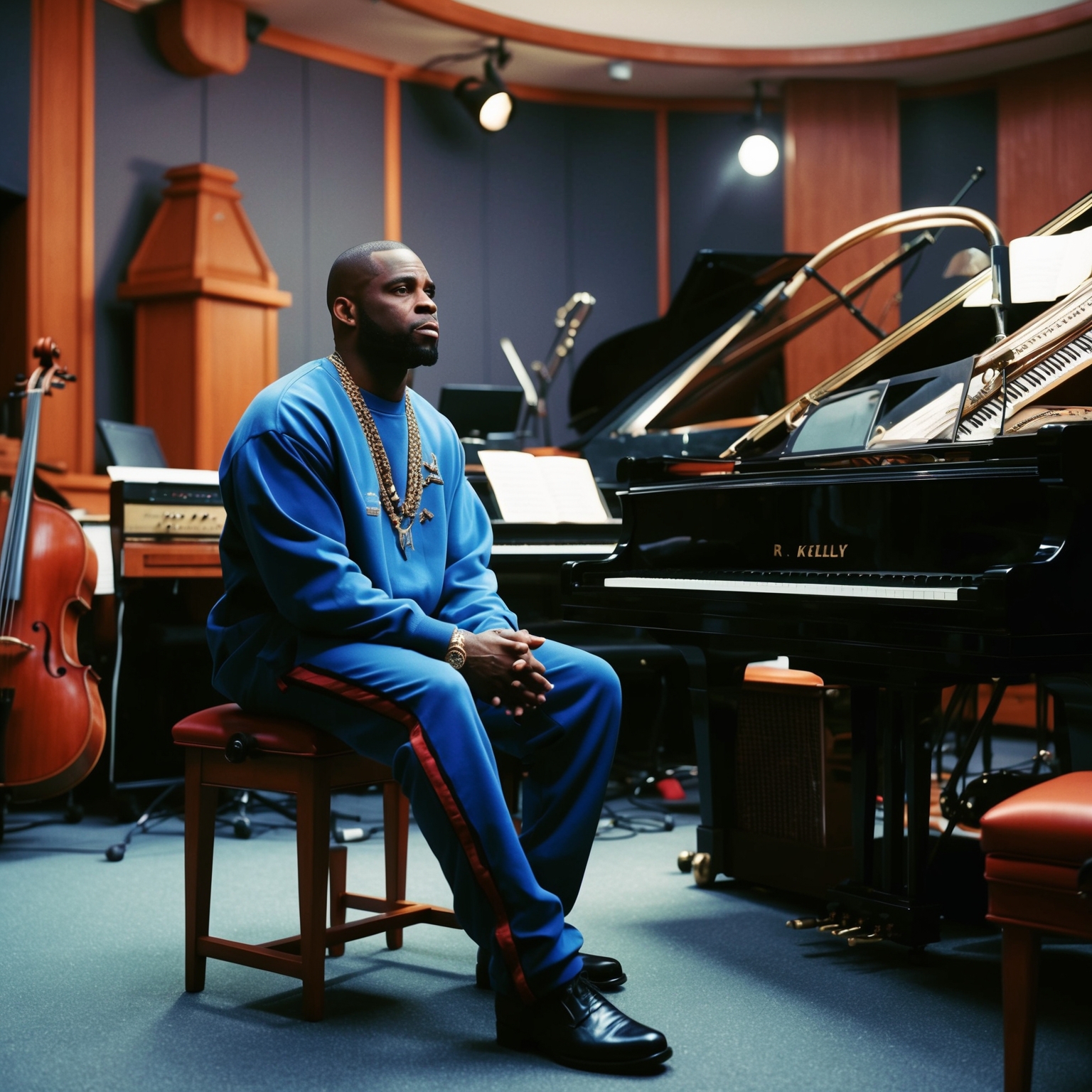 An elaborate music studio setting from the 1990s, featuring R. Kelly in a contemplative pose. The studio has an array of musical instruments, like piano and orchestral strings, showing a blend of traditional and modern equipment. The ambiance is serene, indicative of inspiration and creativity in progress.