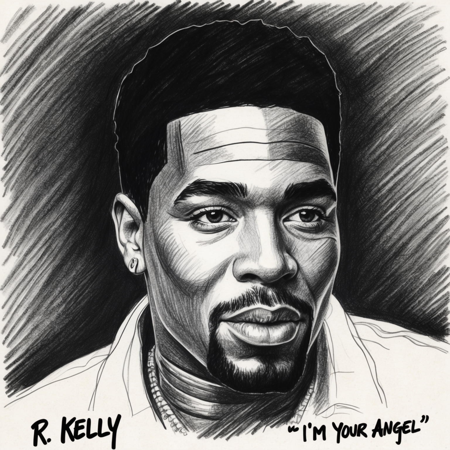 A black and white charcoal, stylistic drawing of R. Kelly. The portrait is half-finished, conveying both vintage charm and creative mystery, capturing the essence of the artist during the late 1990s when "I