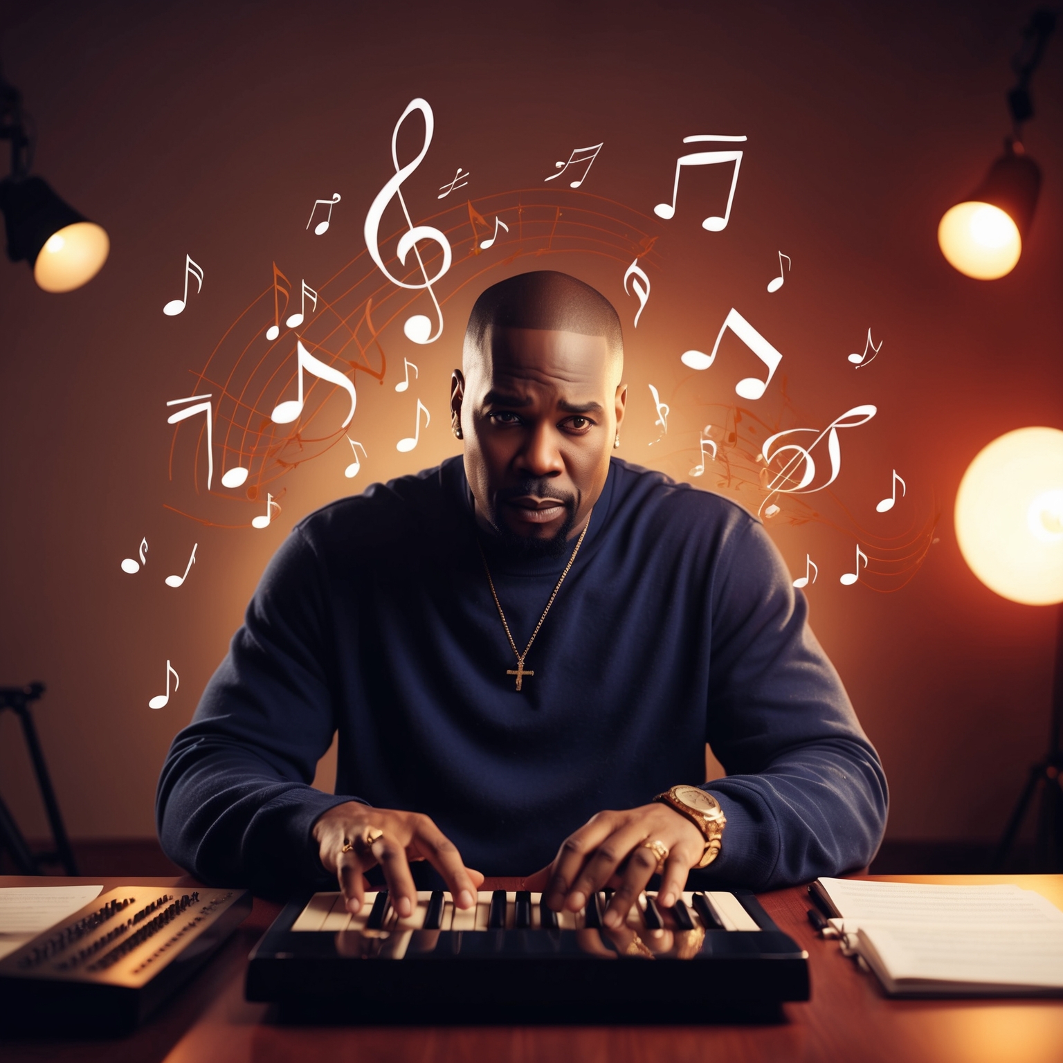 A portrait of R. Kelly composing music, surrounded by musical notes and symbols, depicting a blend of R&B, soul, and gospel influences, in a warm studio setting with dim lights, showcasing a creative and introspective atmosphere.