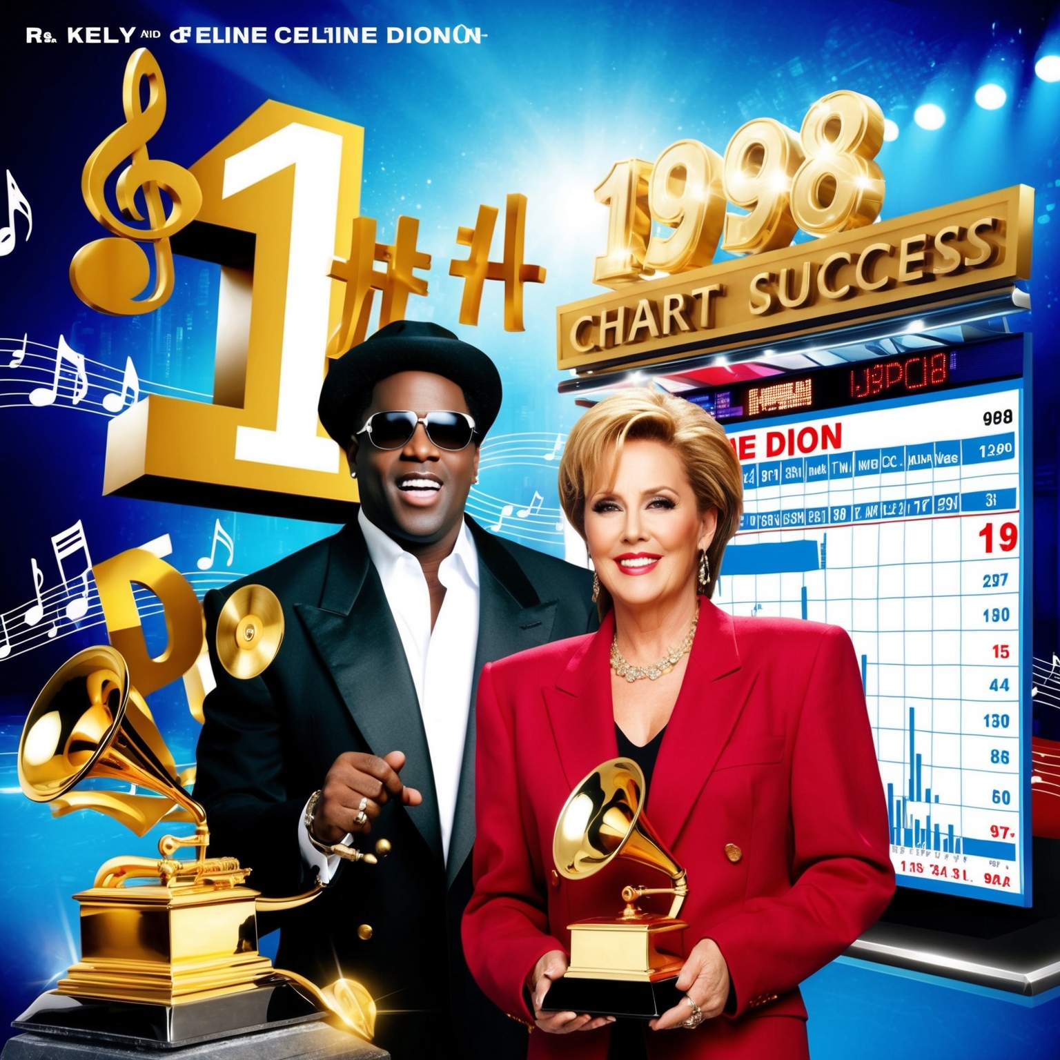 A vibrant 1998-themed chart success graphic, featuring R. Kelly and Celine Dion. Imagery should evoke a feeling of celebration and triumph, showcasing music notes, gold records, and a prominently displayed number 1 on a billboard chart, set against a backdrop reminiscent of the late 1990s music industry atmosphere.