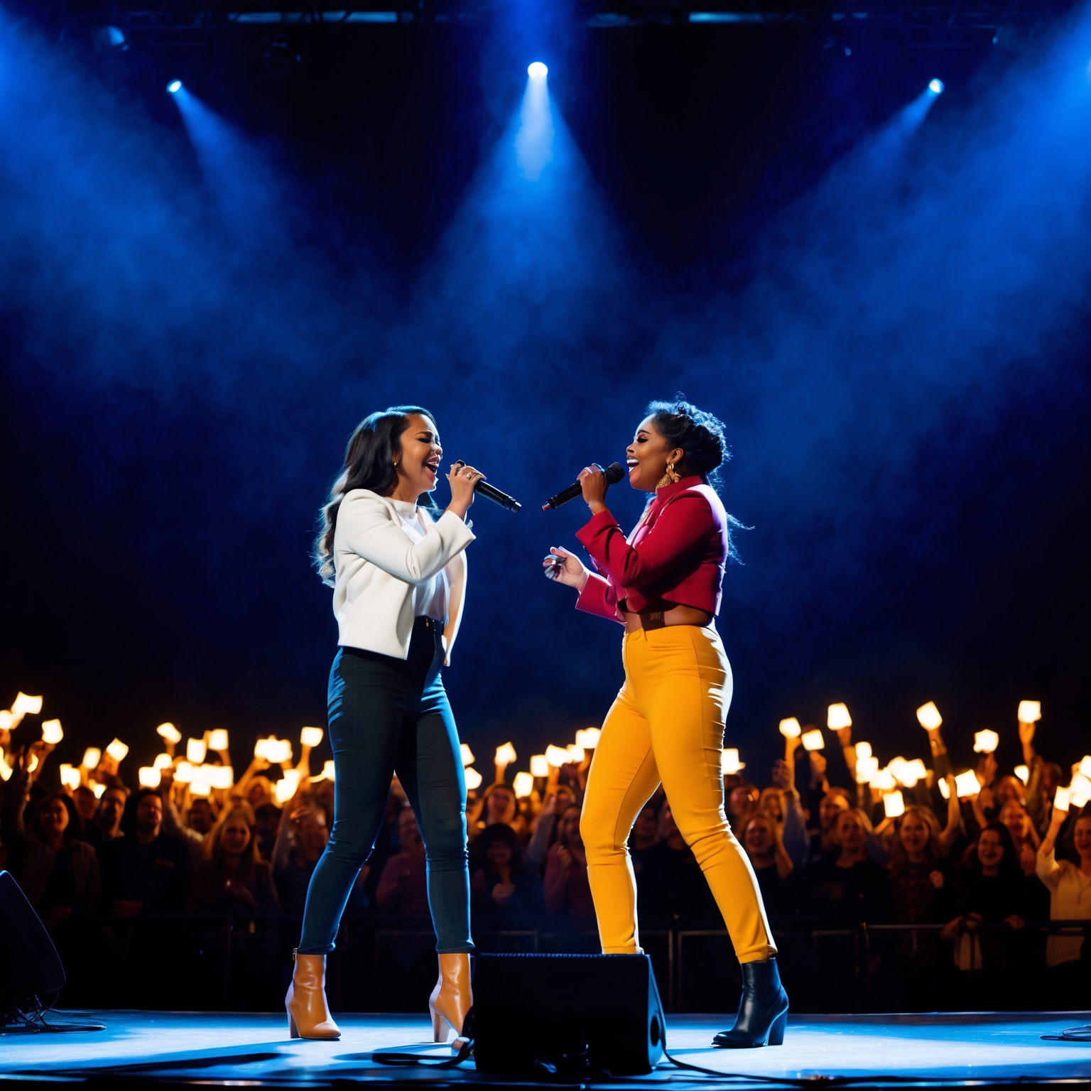 A concert stage with a soulful duet performance, expressive lighting captures the harmony between two singers, audience members holding lights glow in appreciation, evoking a collective sense of hope and inspiration.