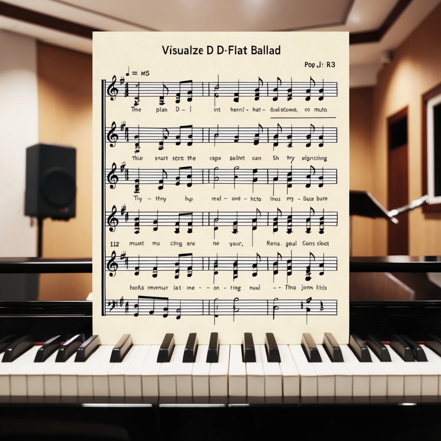 Visualize a musical sheet of a heartfelt ballad set in D-flat major, with piano keys, string instruments, and vocal notes interwoven. Capture the essence of the song