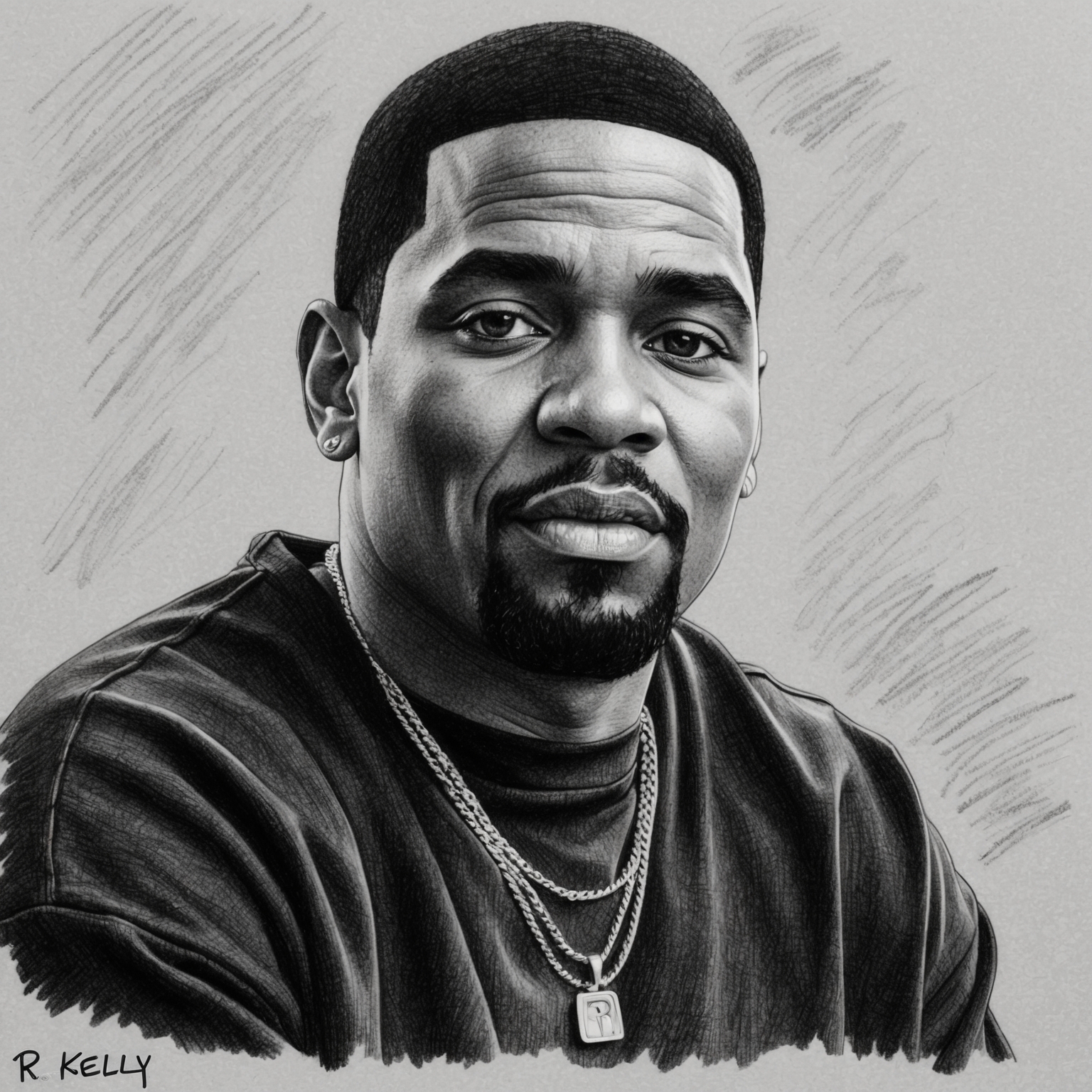 Create a charcoal, stylistic drawing of R. Kelly. The portrait should be in black and white with a half-finished feel, capturing his essence during the era of the song 