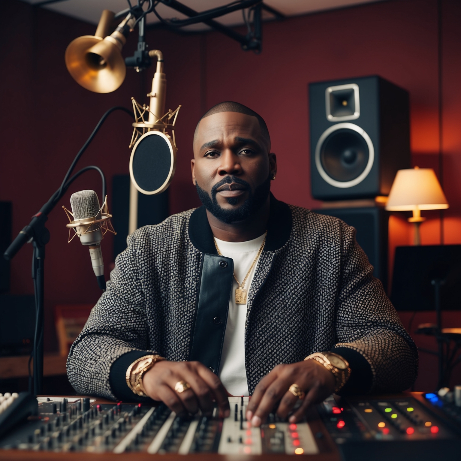 A portrait of R. Kelly in a music studio setting, surrounded by musical instruments and recording equipment, showcasing his role as a composer and producer. The atmosphere should be intimate and creative, embodying the essence of R&B music creation.