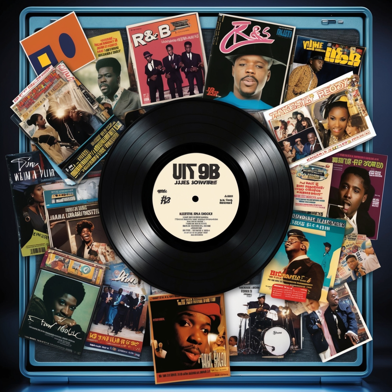 A vintage R&B record showcase with highlights of 1990s cultural elements, featuring accolades and visual reimaginings of music covers, artists interpreting the song, in a film reel of classic 90s moments.