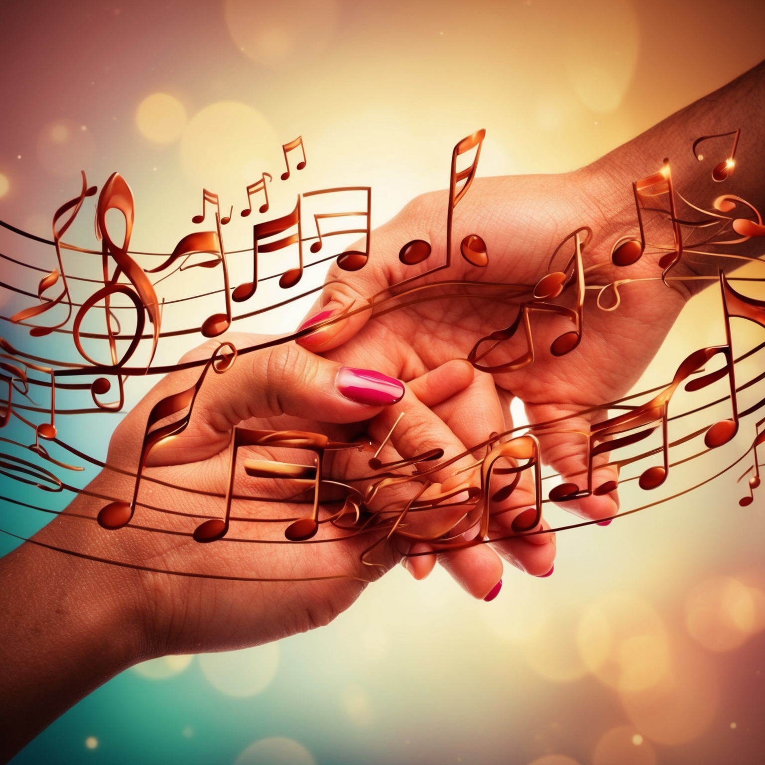 A close-up illustration of musical notes intertwined with romantic motifs, such as intertwined hands, in a dreamy, 90s R&B atmosphere. Use warm, emotive colors to highlight sensuality and intimacy.